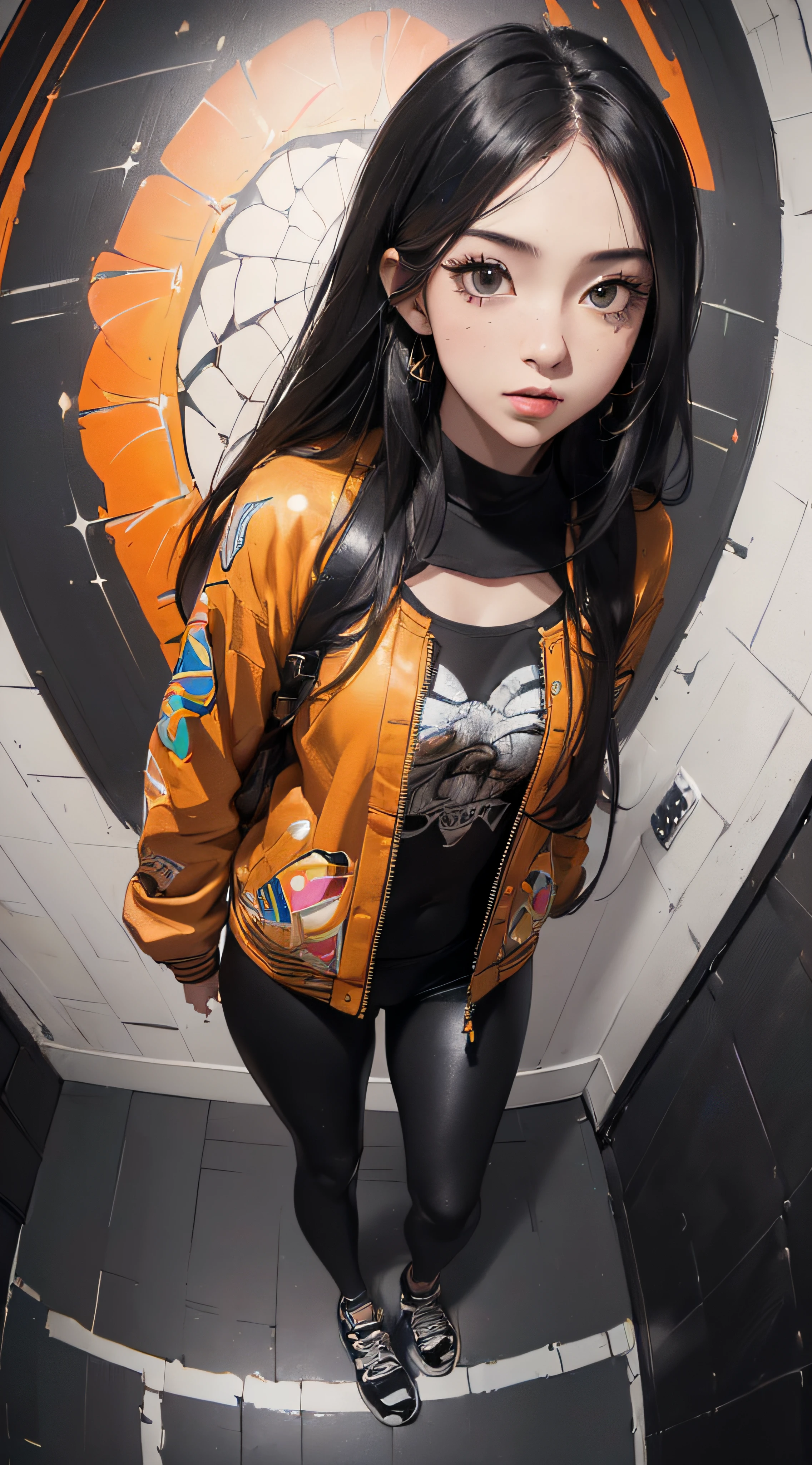 (((8k wallpaper of extremely detailed CG unit:1.2, masterpiece, hight resolution:1.2, top-quality:1.2, masutepiece))), ((a very beautiful woman, Hands in pockets:1.8, Grunge Fashion:1.2, Wearing a blouson:1.2, Wearing leggings, Wearing shoes)), ((extra detailed face, Highly detailed black eyes, extra detailed body, Top quality real texture skins)), (A dark-haired, length hair, de pele branca, Small), ((colorful geometric pattern wall, Colorful wall)), (high-angle:1.2, Fisheye:1.3), hyper realisitic, digitial painting,