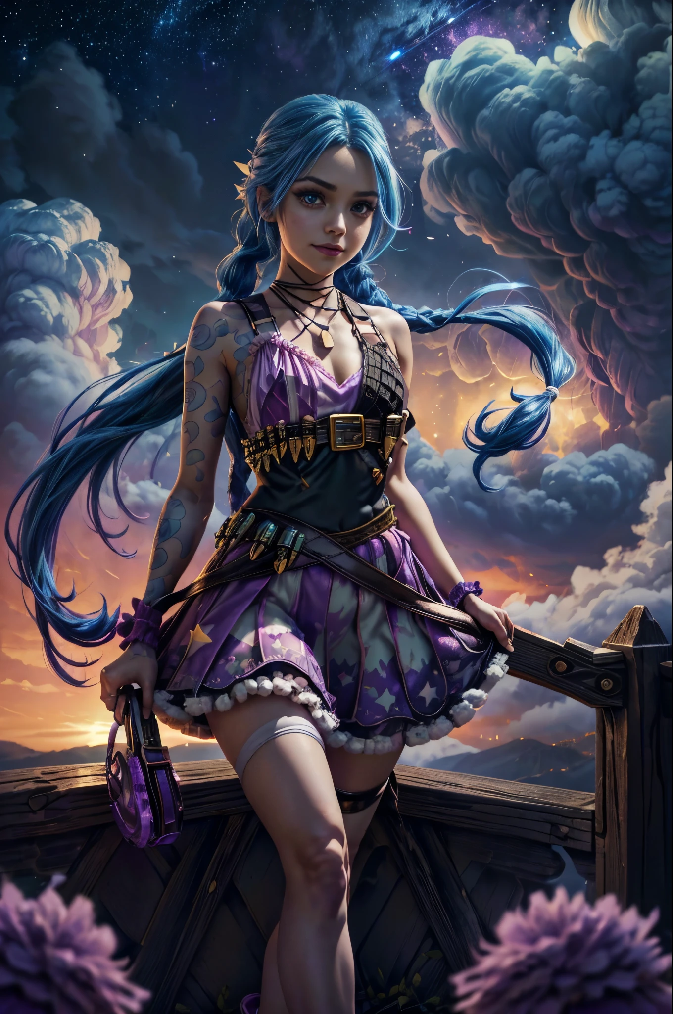 jinxlol, (full bodyesbian, Legs and shoes are visible: 1.2)), Expressive eyes, 1girl, pale-skinned, long whitr hair, The wind blows hair, ((Ridiculously long hair)), Long side lock, hime bangs, Hairline, hair-bun, ((Very long double ponytail, dark-blue hair,)), Be red in the face, His face was flushed, big shiny lavender eyes, (Gradient eyes), mouth open smile, Cute pose, ((With a revolver : 1.3)) , ((Lovely soft fashion)) , Flowing soft dress, ((Fantasy colorful open dress)), (Floating ribbons), lavender ruffles, pink ruffles, (Light blue lace), detached short sleeves, Puffy skirt, ((White star print skirt : 1.3)), White ****ta dress, Purple bow, ((Pompom ribbon hair ornament : 1.4)), Multi-bow, striped lace stockings, (Heart shaped leg garters), cute big breasts (lilac colors) footwear ((Super detailed clothing and fashion)) , looking at you, Vintage girl, Be red in the face, (美丽细致的眼睛), (extremely detaild的 CG unified 8k wallpapers) (The best shadow), ((Extremely Delicately Beautiful)), (detailedlight), ((depth of fields)) big headed, sparkling big eyes, sprout, Splash ink art, 电影灯光, Frontal view, Volumetric Lighting Maximalism Photo Illustration 64k Resolution High Resolution Intricate Details Complex Key Vision Precise Linear, ((Against the background of a dreamy soft sky, Surrounded by starry clouds, meteors, castle in the clouds)) ((Ultra detailed scenery, Fog clouds, inner strength : 1.3)), jinx \(league of legends\), ((The picture is very bright，bright，high saturated))