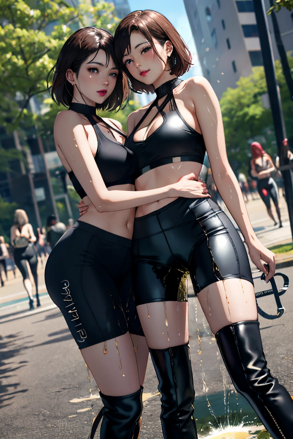 highres, good lighting, beautiful women, high detail, lewd, hentai, (((cycling shorts))), (leather halter top), (bare midriff), (cameltoe), ((leather thigh high heel boots)), (wet clothes), (((wetting herself))), (peeing herself), peeing stain, large puddle, thick thighs, nice long legs, lipstick, pretty face, ((in city park together with group of many beautiful lesbian women holding each other))