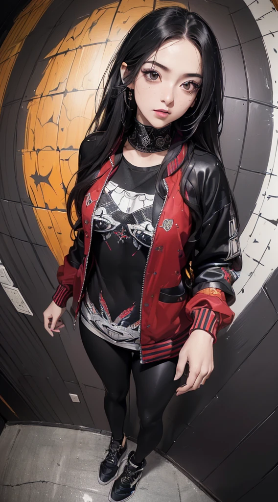 (((8k wallpaper of extremely detailed CG unit:1.2, ​masterpiece, hight resolution:1.2, top-quality:1.2, masutepiece))), ((a very beautiful woman, Hands in pockets:1.8, Grunge Fashion:1.2, Wearing a blouson:1.2, Wearing leggings, Wearing shoes)), ((extra detailed face, Highly detailed black eyes, extra detailed body, Top quality real texture skins)), (A dark-haired, length hair, de pele branca, Small), ((colorful geometric pattern wall, Colorful wall)), (high-angle:1.2, Fisheye:1.3), hyper realisitic, digitial painting,