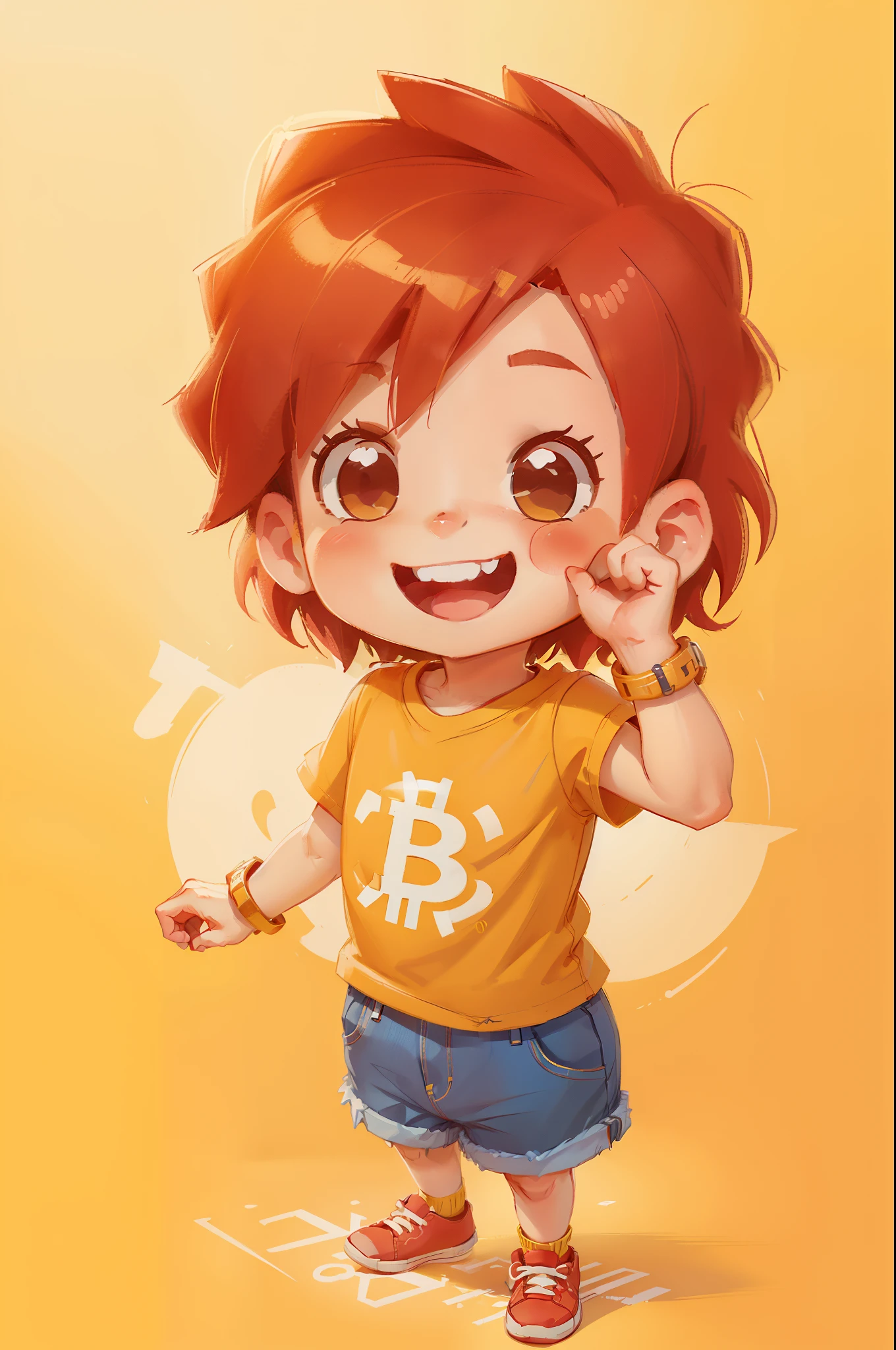 Cute little boy, 8 years old, short red hair, yellow T-shirt, (bitcoin logo on t-shirt),denim shorts, red shoes, smiling, holding a bracelet