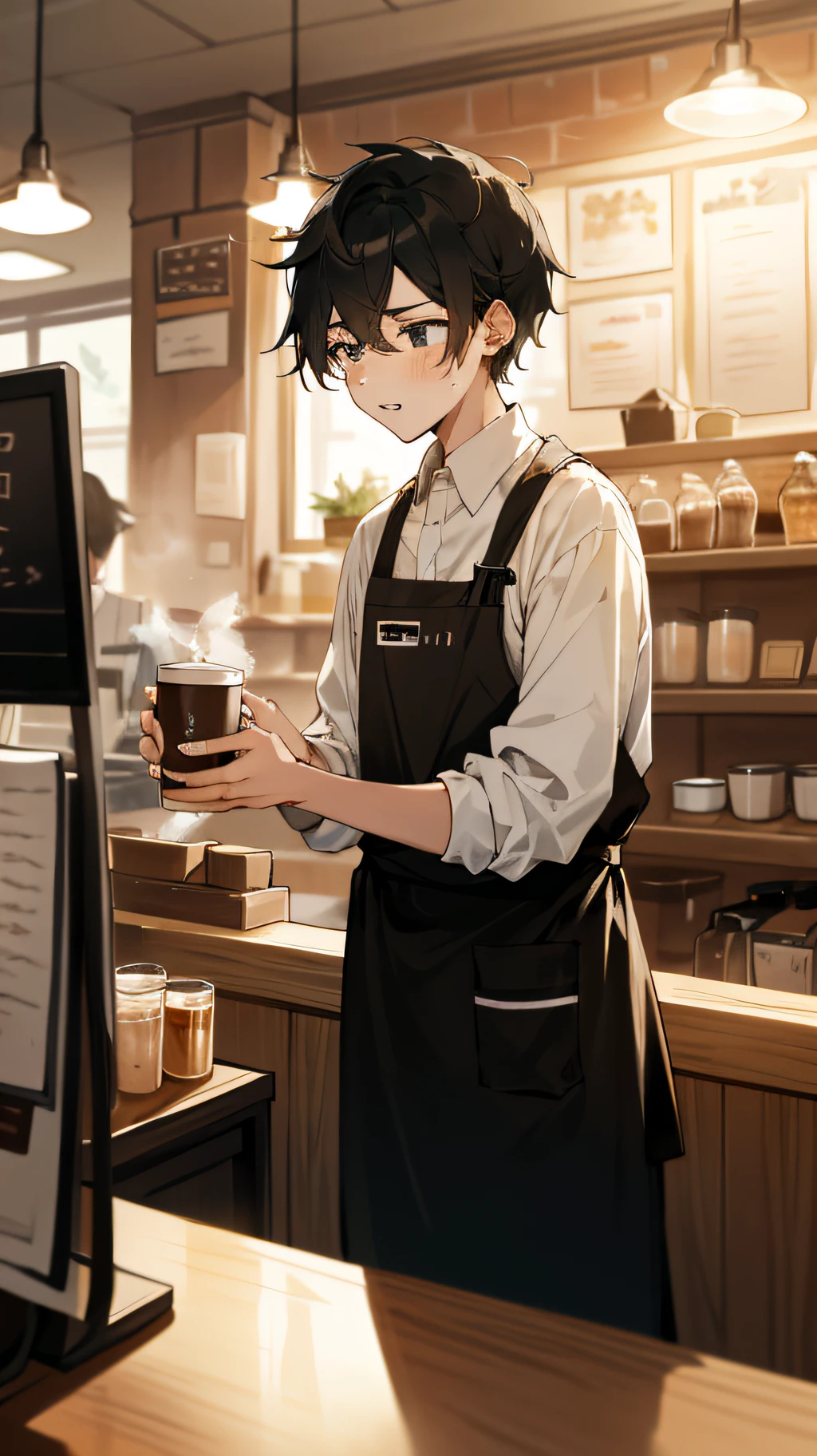 r clerk in coffee shop gives coffee to customers