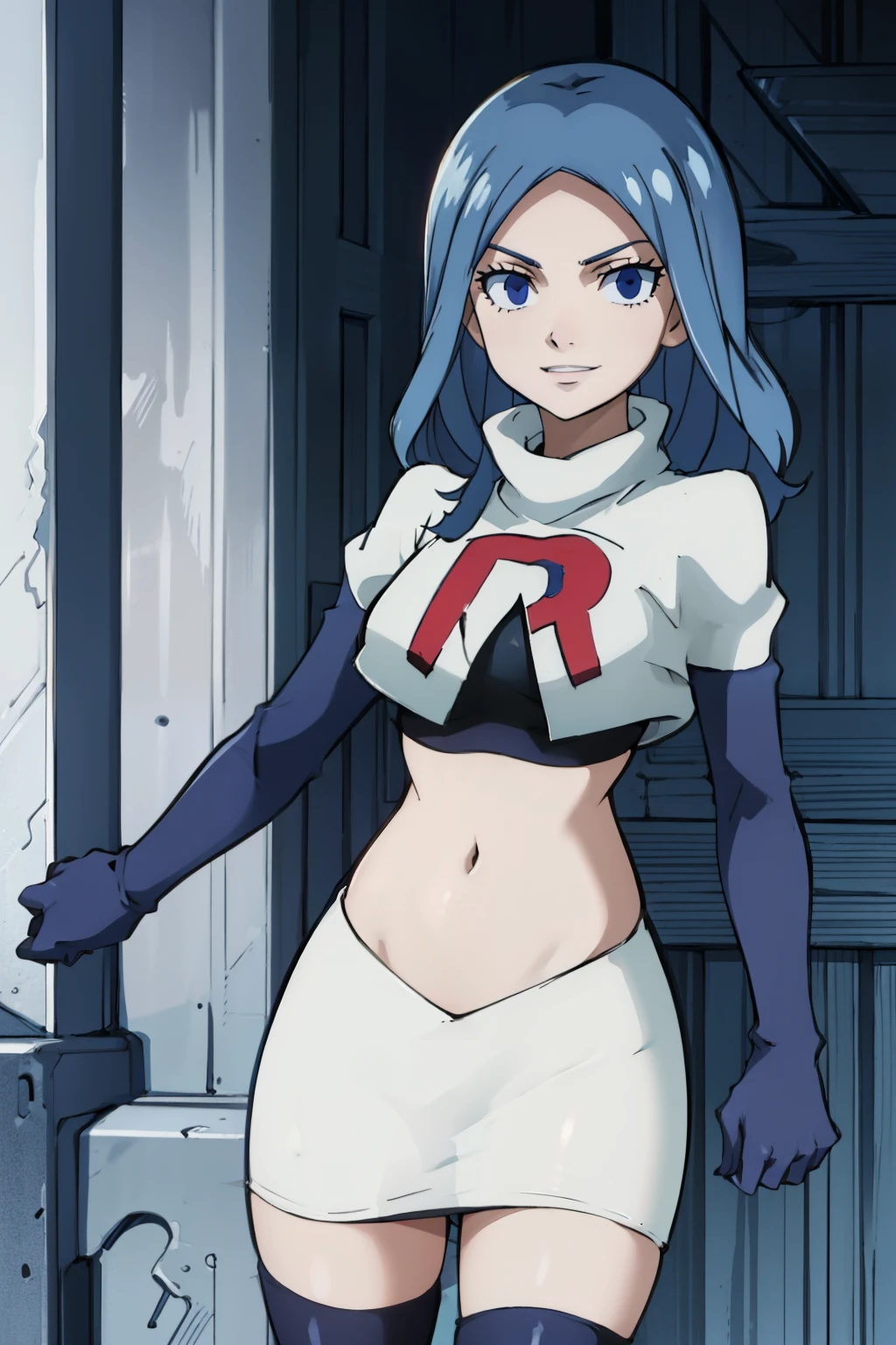 JUVIAGMG ,team rocket uniform, red letter R, white skirt,white crop top,black thigh-highs,black elbow gloves, smile, blue eyes, cowboy shot, posing