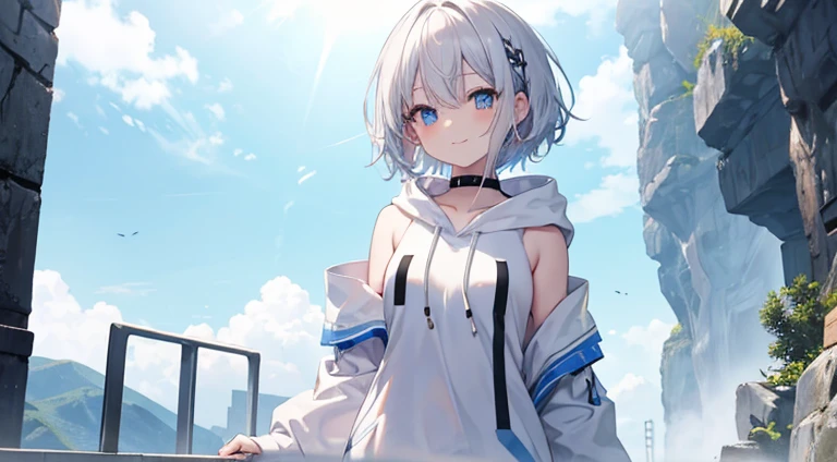 mid-shot, Look at viewers, hands behind back, girl with, 20 years old, Very short hair, long bangs between eyes, hair over shoulder, Grey Hair, Floating hair, ^ ^, pale blue eyes, Short dress, Hoodie, Skirt, Bare shoulder, White clothes, Blue sky, Nature, Sunlight, Extremely detailed,(​masterpiece、top-quality)、独奏、1womanl、White hair、the tips of the hair are blue、A smile、White skin as clear as snow、Fantastical,Small breasts, Silver hair, Black eyes, Beautiful eyes, Teen Girl, Ecstasy, charmed, be smitten with audience, Hoodie, Hoodie with open front, Naked Hoodie, Shoulder out, Blue sky, , Sunlight