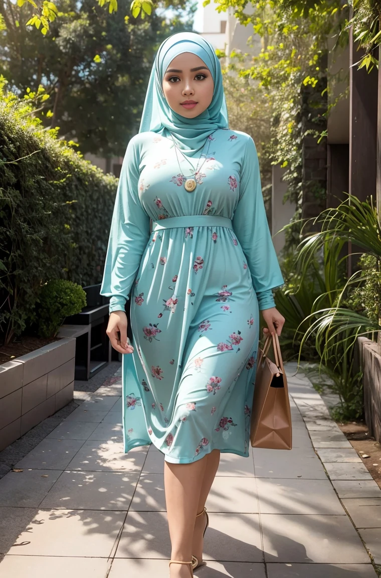RAW, Best quality, high resolution, masterpiece: 1.3), beautiful Malay woman in hijab,Masterpiece, perfect slim fit body, (Huge breasts), big gorgeous eyes, Soft smile, Delicate turtleneck print sun dress, necklace, shairband, afternoon walk, City garden, Excellent lighting, Bright colors, Clean lines