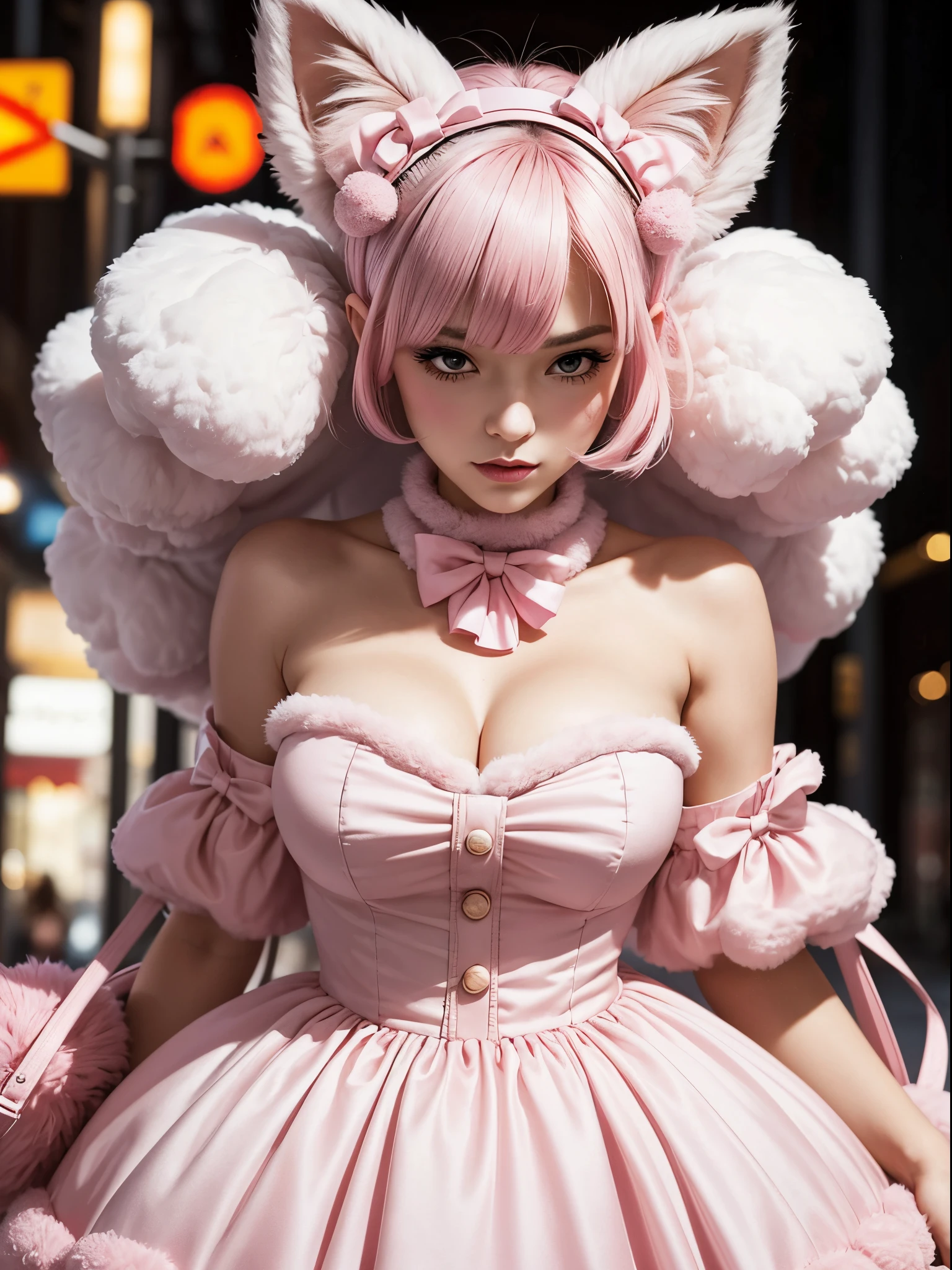 close-up, a humiliated woman, early 20's, downtown wearing a enormously puffy but super short ball gown, pink buzzcut, hair bows, super wide collar, fluffy boots, fluffy purse, pompom, Massive cat ears, glamorous makeup