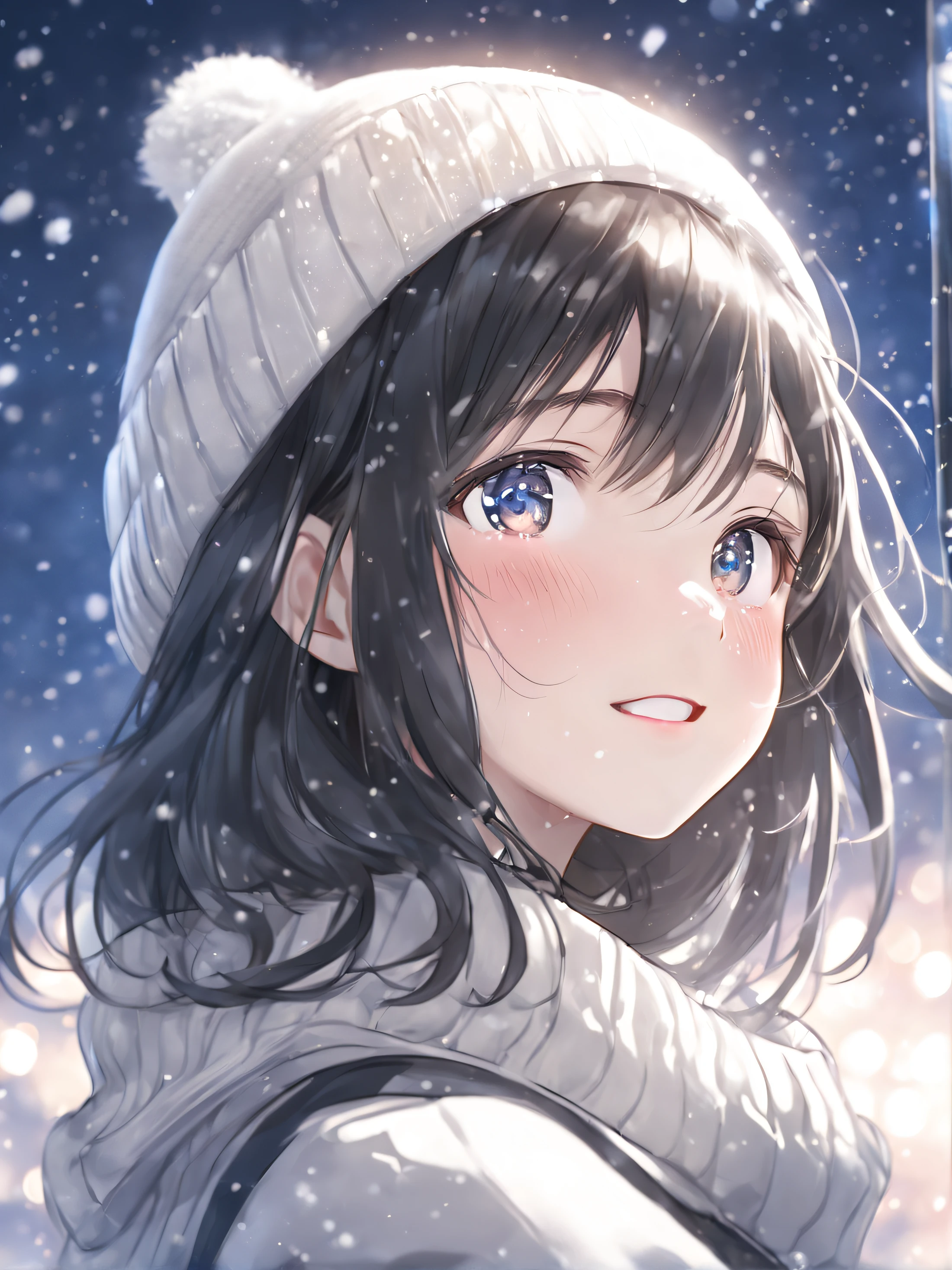 side face focus, eyes focus, cute, masterpiece, best quality, sharp focus, UHD, 1girl, Black hair, looking at the night sky, sparkling eyes, happy expression, Beanie, white sweater, turtleneck, snow season, sparkle snow falling, side-looking, upper body, night scene,