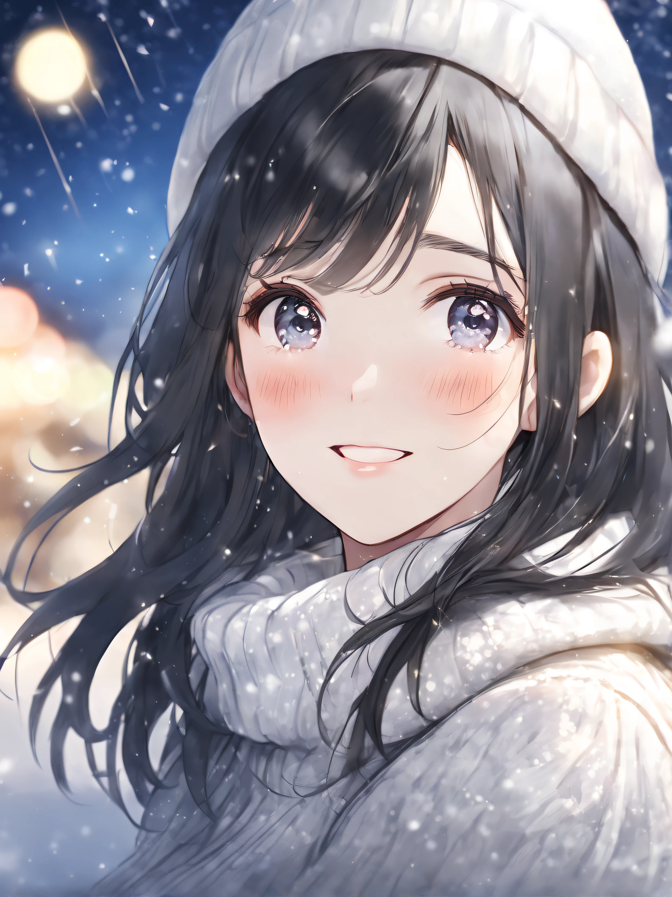 side face focus, eyes focus, cute, masterpiece, best quality, sharp focus, UHD, 1girl, Black hair, looking at the night sky, sparkling eyes, happy expression, Beanie, white sweater, turtleneck, snow season, sparkle snow falling, side-looking, upper body, night scene,