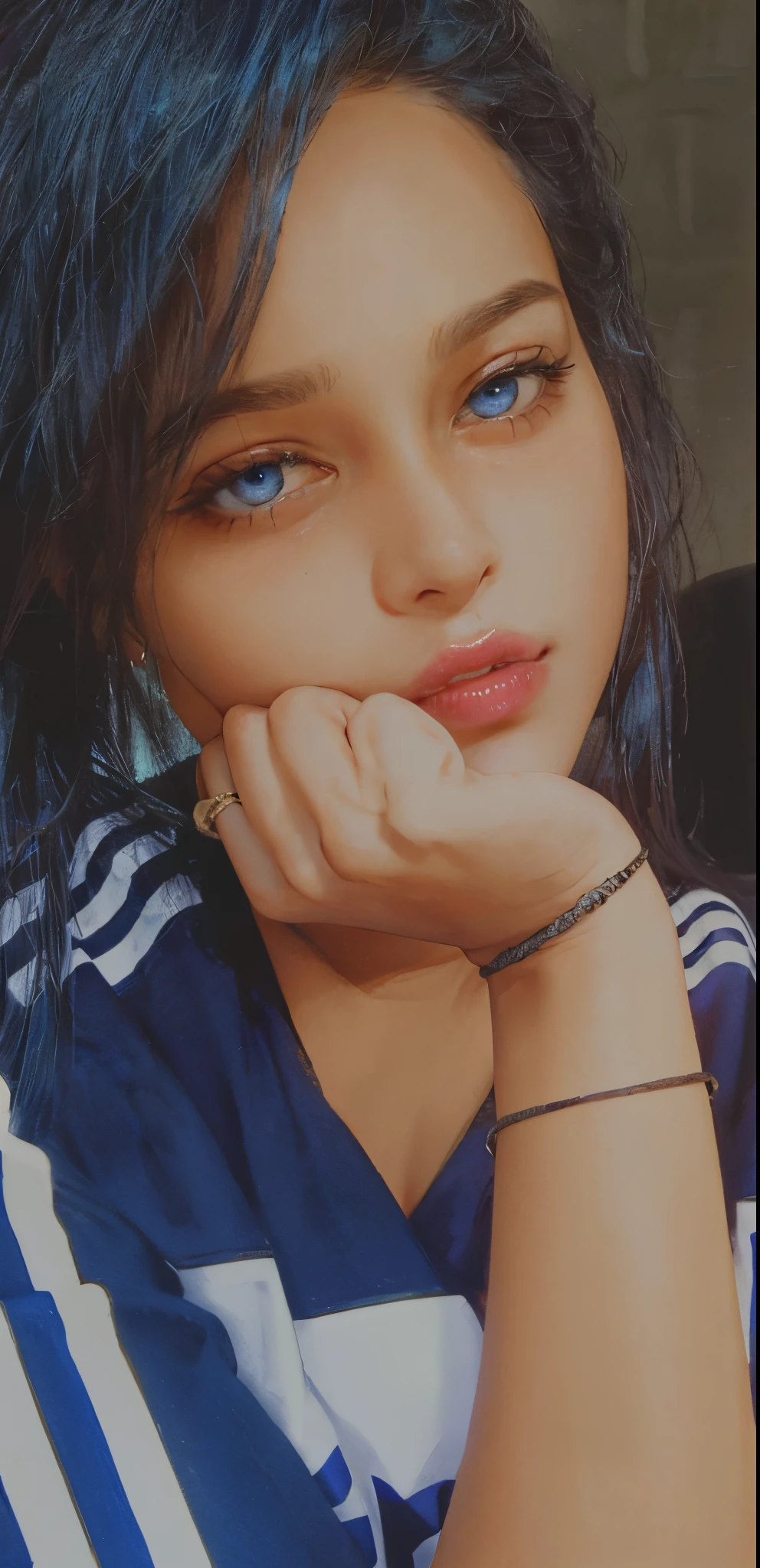 (masterpiece:1.4, best quality), (intricate details), unity 8k wallpaper, ultra detailed, beautiful and aesthetic, perfect lighting, (1girl), (blue hair, blue eyes, medium breasts),, dynamic pose, dynamic angle, lipstick, slim, slim body, medium breasts, , detailed background, realistic, solo, perfect detailed face, detailed eyes, highly detailed, blush, hair ornament, rolling_eyes, cross-eyed,