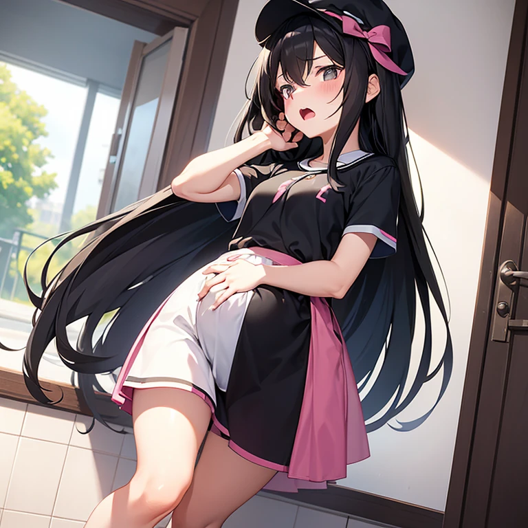 The woman has long black hair down to her waist, wears a cute pink hat, wears pink casual clothes and wears a fairly small skirt with white socks covering her legs up to her thighs. Pregnant is covered by the clothes she wears.