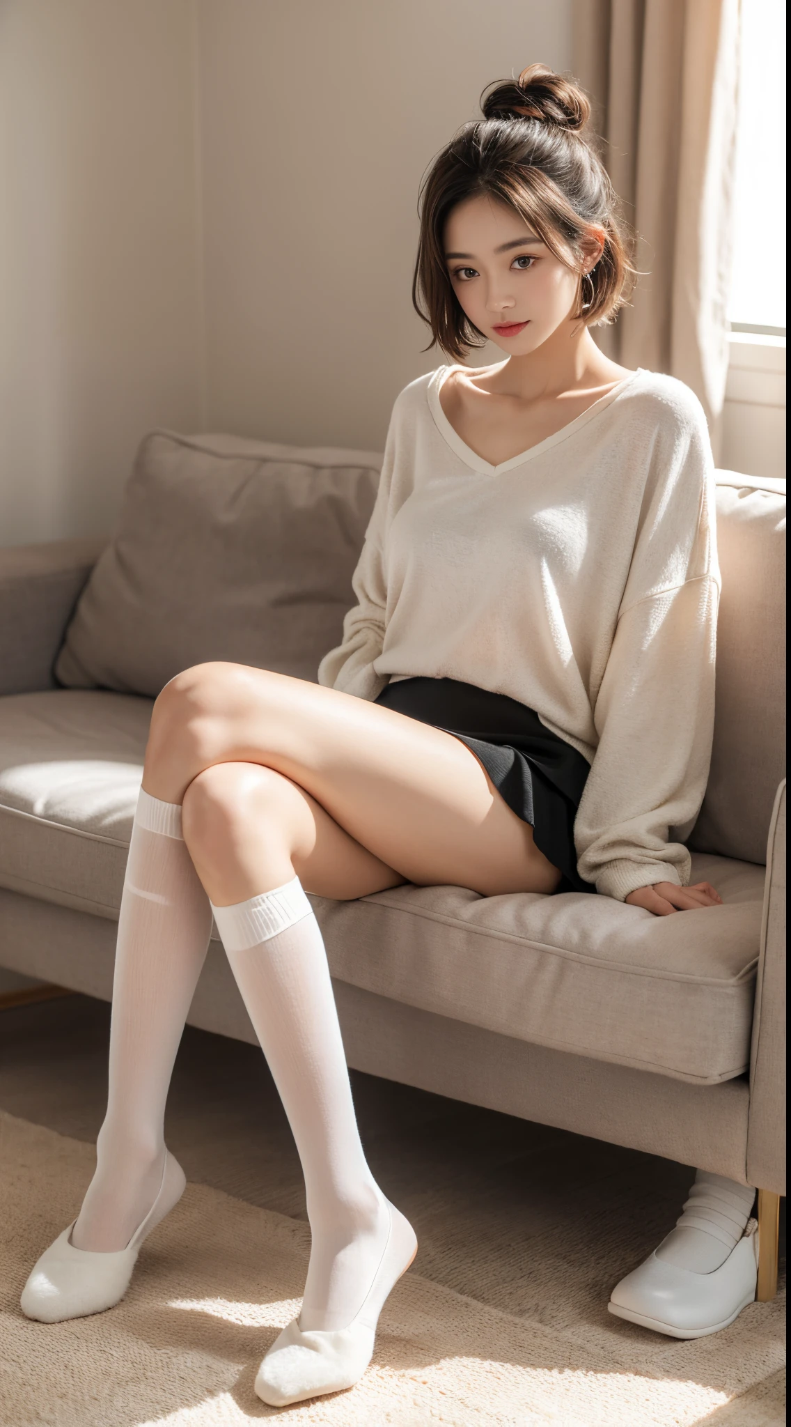 ((Best quality at best)), ((tmasterpiece)), (the detail:1.4), morden style,Girls in a modern style,issuance,Short hair details,tying hair,messy hair,pyjamas,leisure wear,鎖骨,nail art,lazy girl,pillow head,short skirt,pyjamas,What about the lattice,corduroy skirt,black tea soft light,Gradient eyes,ssmile,White stockings,slippers,Full body like,ultra-realistic realism,high detal,romanticism lain, 电影灯光, Sparkling, reflective light, tmasterpiece, super detailing, textureskin, Anatomical correct, high detal, Best quality at best, high high quality,Award-winning、8K