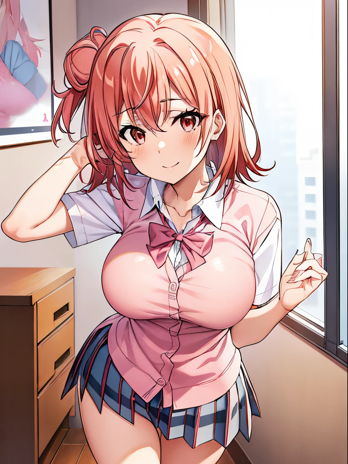 masutepiece++, Best Quality++, ultra-defined++, ultra-defined++,4K++,in 8K++, Highly detailed,
(School Uniforms),
Pink lingerie,
(large boob),
Perfect hands,
Yuigahama Yui, Pink hair, Hair bun,
Looking at Viewer, Focus,
pantpulldown,