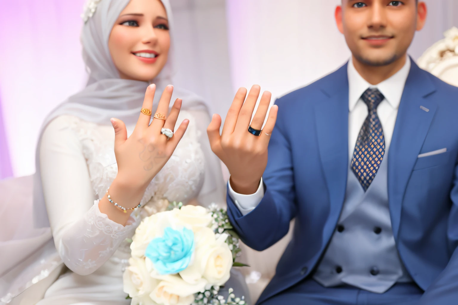 bride and groom sitting on a couch with their hands in the air, happy couple, celebrating an illegal marriage, wedding photo, couple, wedding, wedding photography, version 3, lovely couple, corrected hands, bride and groom, colour corrected, an ultra realistic, point finger with ring on it, colored photo, a hyper realistic