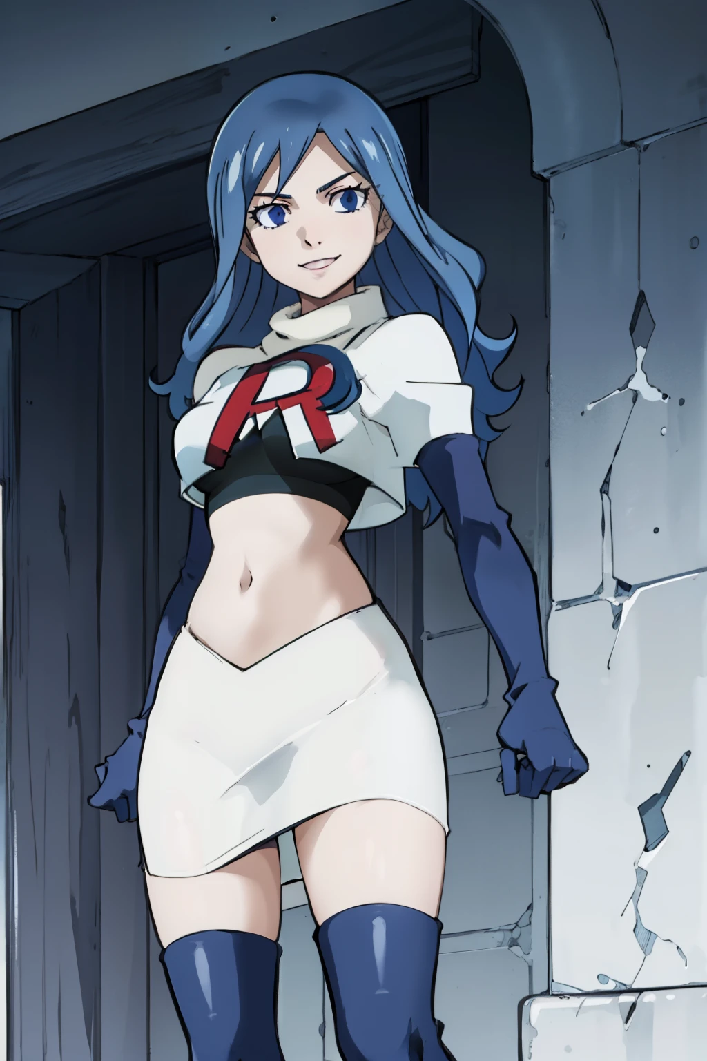 JUVIAGMG ,team rocket uniform, red letter R, white skirt,white crop top,black thigh-highs,black elbow gloves, smile, blue eyes, cowboy shot, posing