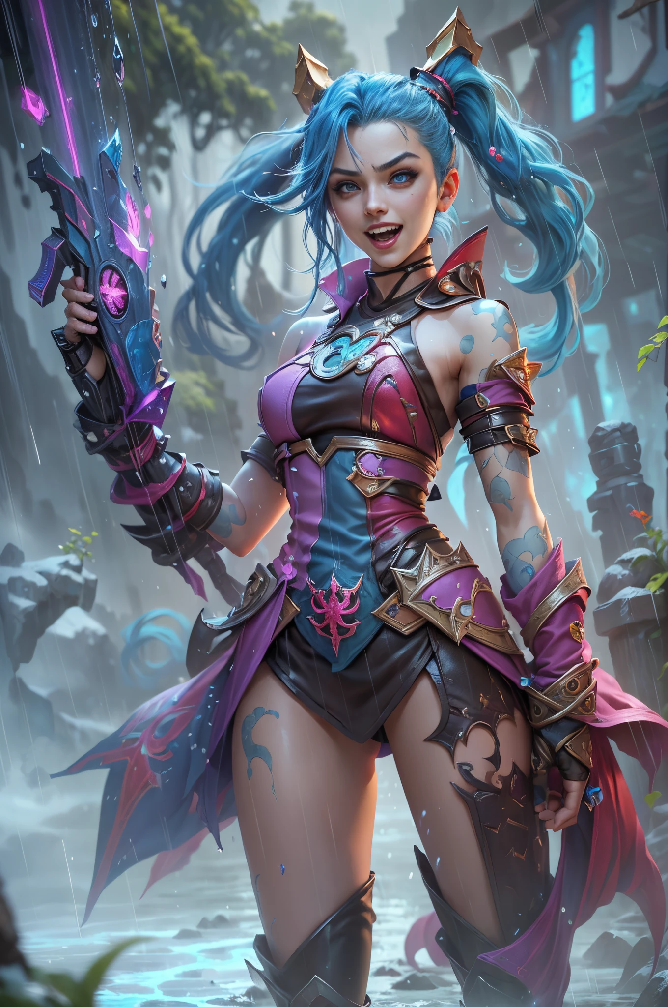 (Long shot: 1.5), jinx \(league of legends\), (1girl, League of Legends Jinx), (Scarlet eyes, crazy laughter, Blue double ponytail hair: 1.5), kung fu, ((Wearing gold futuristic sci-fi titanium alloy armor: 1.5, head to toe, crystal high heels, standing)), (holding particle laser cannon, revolver in hand), arcane crystal, attack status, (snowy mountains and woods, surrounded by rain, League of Legends game world), Illustration style, full body exposed to the rain for a long time, (exquisite facial features, perfect hand features), martial arts style, (selective focus, full body shot, masterpiece, super detailed, epic work, highest quality, 8k, panorama, first-person view, atmospheric perspective, UHD, masterpiece, ccurate, anatomically correct, textured skin, high details, award winning, best quality), Game character, jinxlol