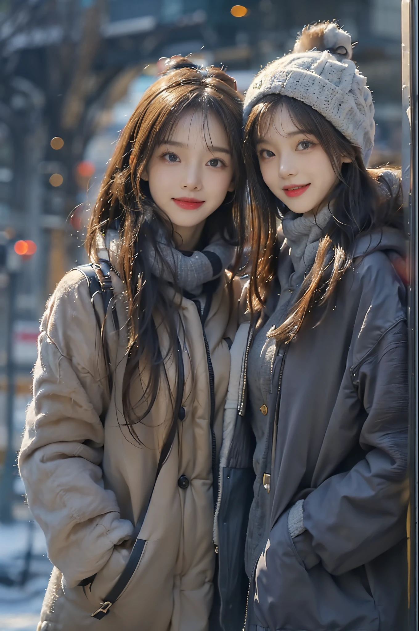 ((top-quality、8K、masterpiece:1.3))、foco nítido:1.2、(realisitic、Photorealsitic:1.37、In the winter cold that covers the city, Two women walking hand in hand, smiling at each other. i'i'I'm glad I was able to overcome the cold wind...., Enjoy the city. The city, decorated with illuminations, Creates an enchanting atmosphere in harmony with your smile.Same-sex couples、both women、same-sex marriage、brunette disheveled hair:1.3、a picture、Live action、We love each other、Their faces are not similar、beautiful countenance