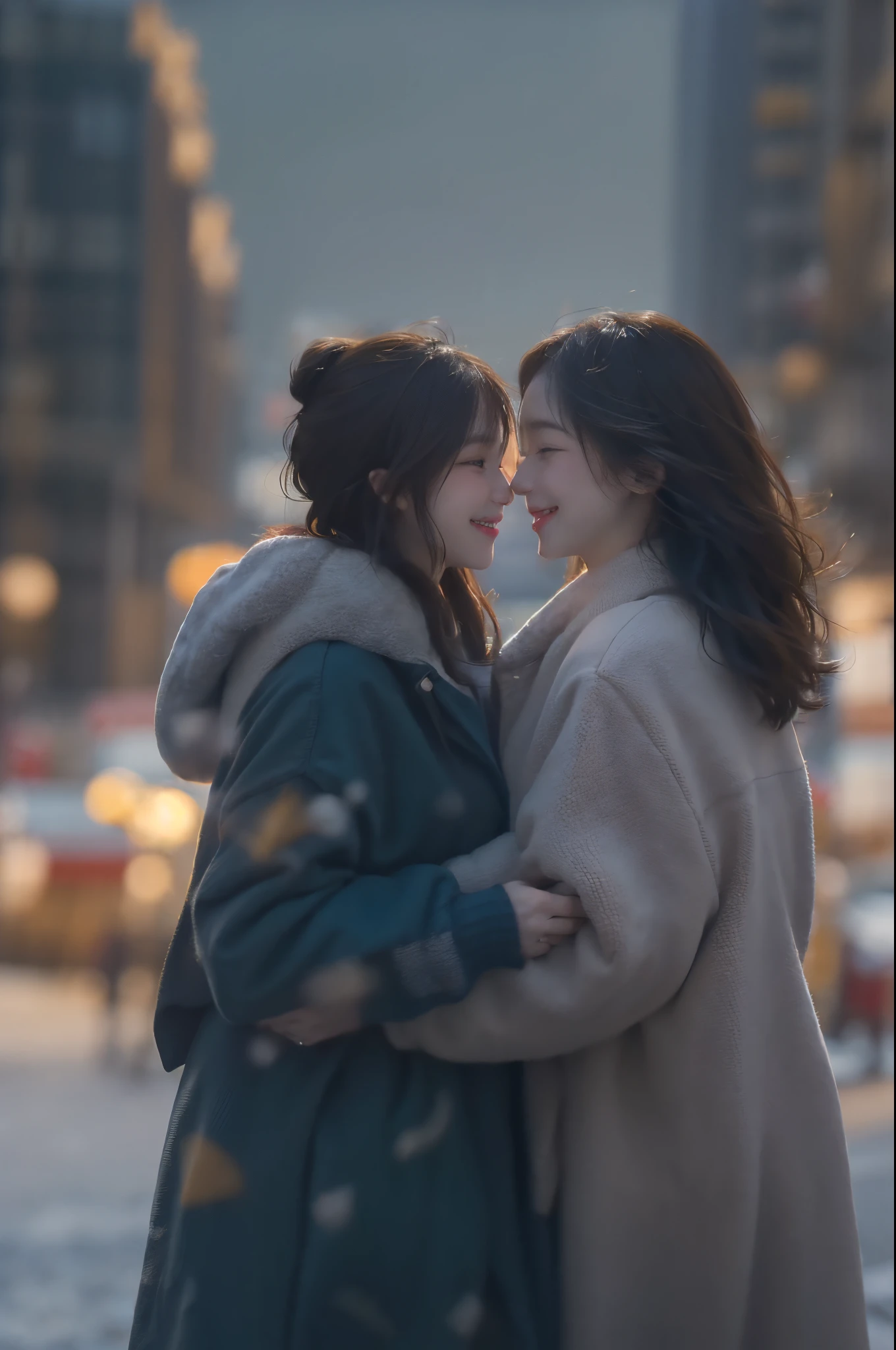 ((top-quality、8K、​masterpiece:1.3))、foco nítido:1.2、(realisitic、Photorealsitic:1.37、In the winter cold that covers the city, Two women walking hand in hand, smiling at each other. I&#39;m glad I was able to overcome the cold wind.., Enjoy the city. The city, decorated with illuminations, Creates an enchanting atmosphere in harmony with your smile.Same-sex couples、both women、same-sex marriage、brunette disheveled hair:1.3、a picture、Live action、We love each other