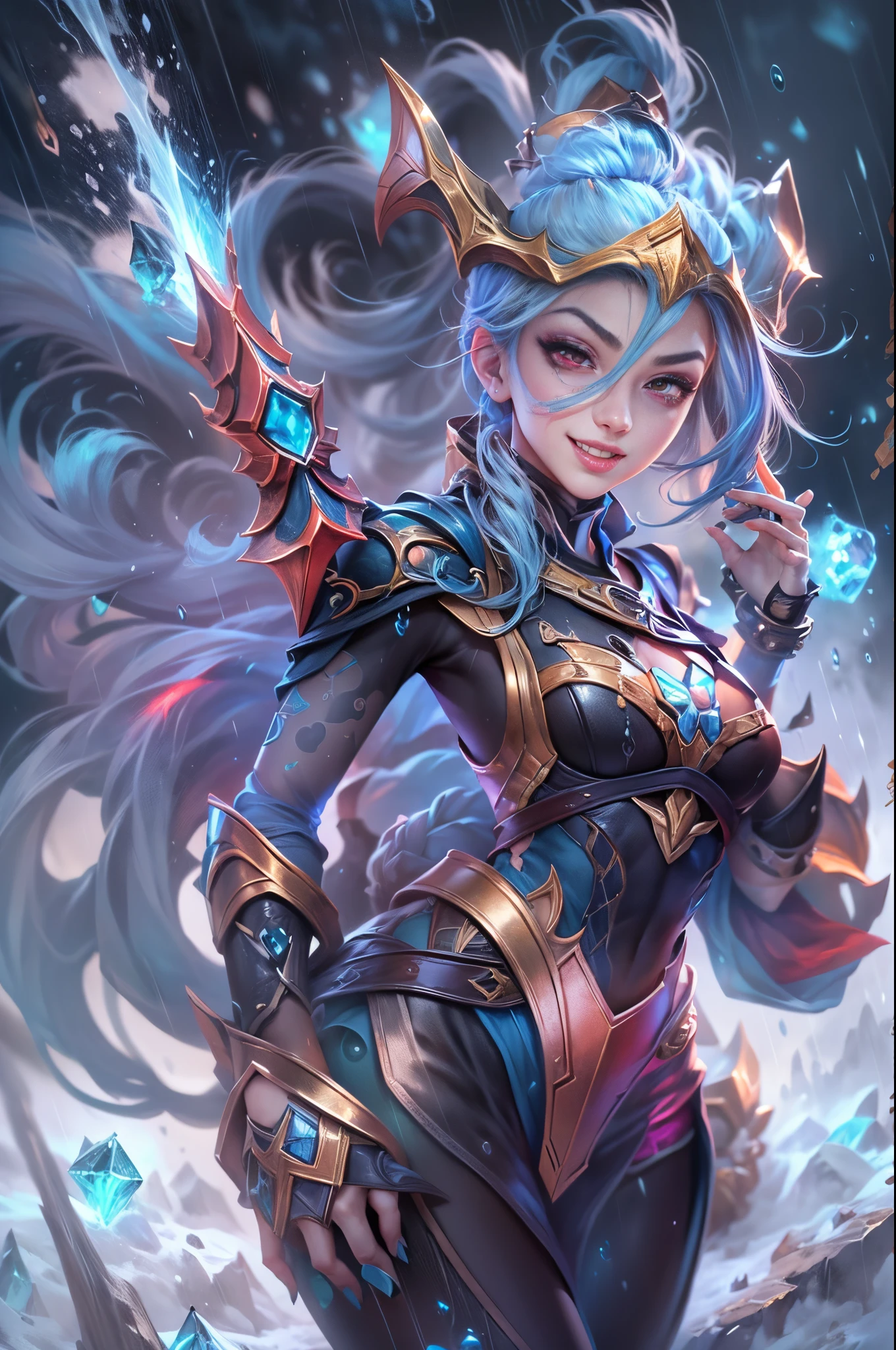(Long shot: 1.5), jinx \(league of legends\), (1girl, League of Legends Jinx), (Scarlet eyes, crazy laughter, Blue double ponytail hair: 1.5), kung fu, ((Wearing gold futuristic sci-fi titanium alloy armor: 1.5, head to toe, crystal high heels, standing)), (holding particle laser cannon, revolver in hand), arcane crystal, attack status, (snowy mountains and woods, surrounded by rain, League of Legends game world), Illustration style, full body exposed to the rain for a long time, (exquisite facial features, perfect hand features), martial arts style, (selective focus, full body shot, masterpiece, super detailed, epic work, highest quality, 8k, panorama, first-person view, atmospheric perspective, UHD, masterpiece, ccurate, anatomically correct, textured skin, high details, award winning, best quality), Game character, jinxlol
