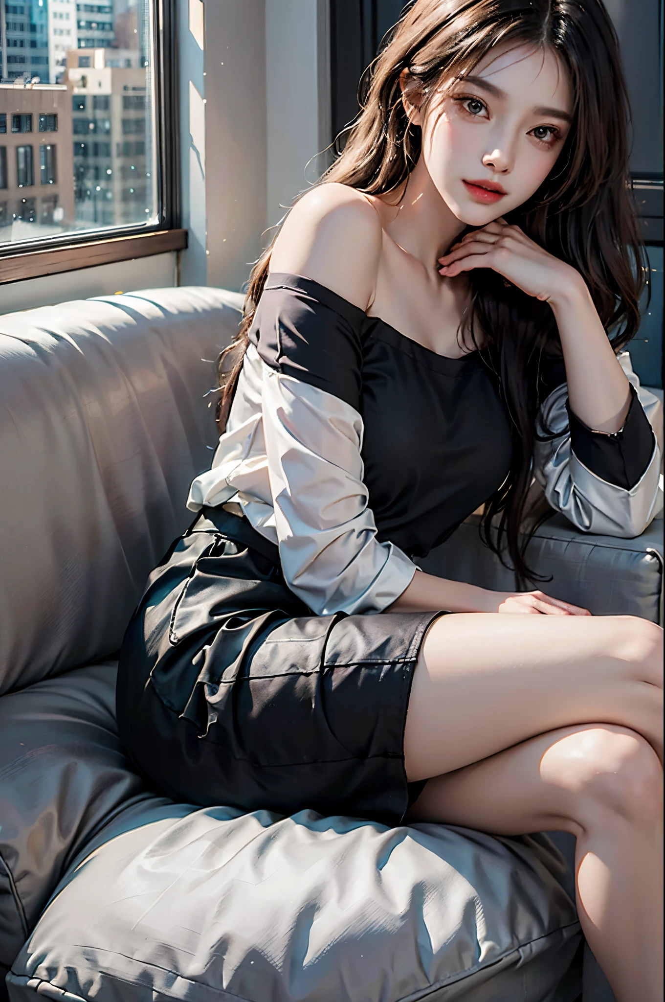 ((realistic)), 20-year-old sexy model, one shoulder off shoulder shirt, black short skirt, blacksilk, ((full body)), Sit Pose, sitting in the couch, Cross ed leg, best qualtiy, 超高分辨率, lighting perfect, ssmile, Close up