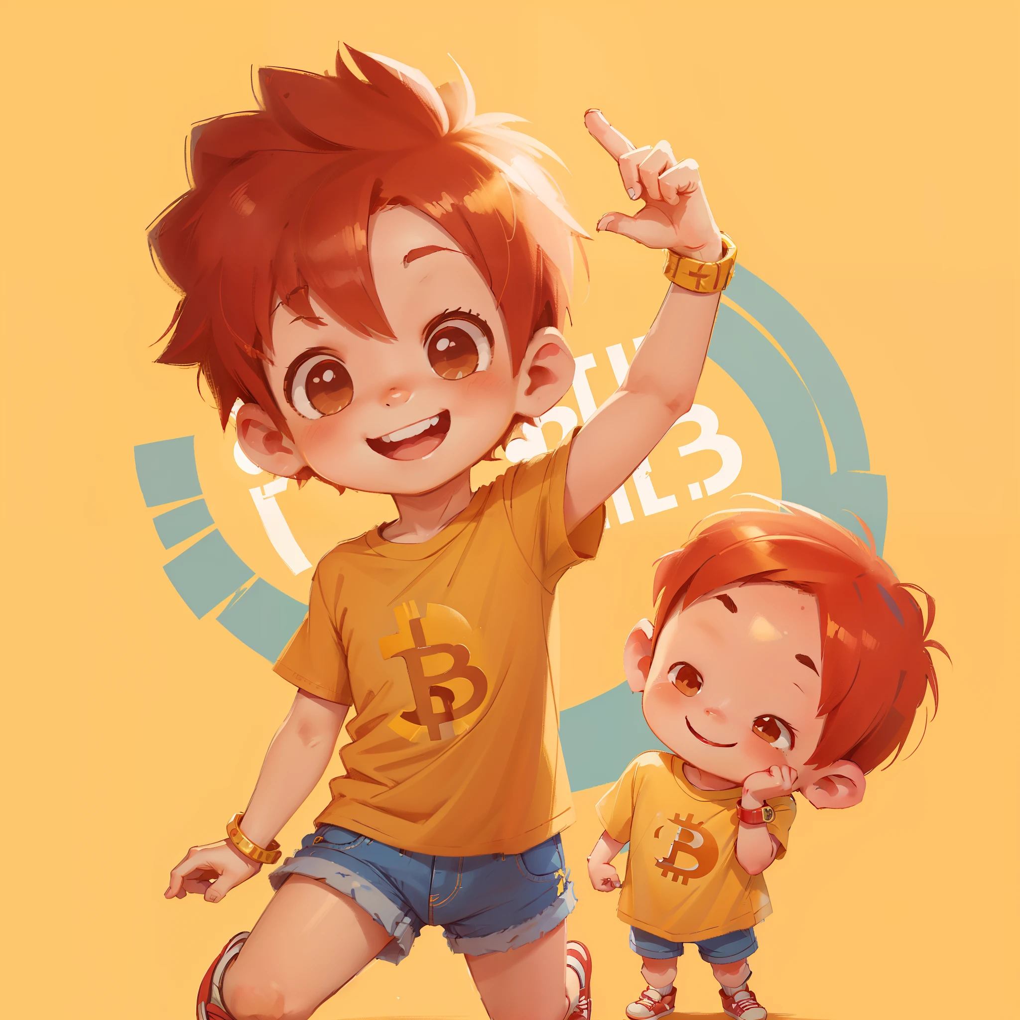 Cute little boy, 8 years old, short red hair, yellow T-shirt, (bitcoin logo on t-shirt),denim shorts, red shoes, smiling, holding a bracelet