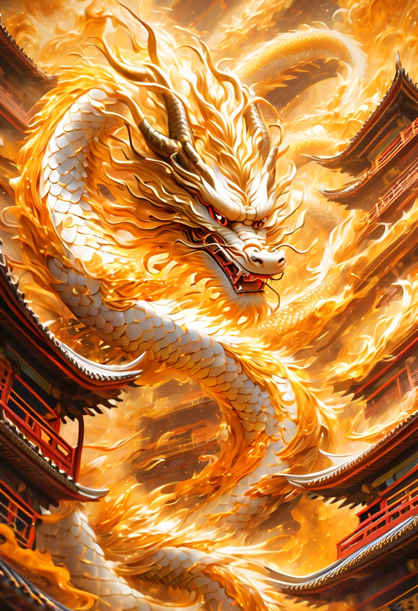 An asian chinese dragon flying above a building, in the style of light gold and light amber, dimensional multilayering, hyper-realistic, dark orange and bright white, swirling vortexes, cryptidcore, dark and intricate