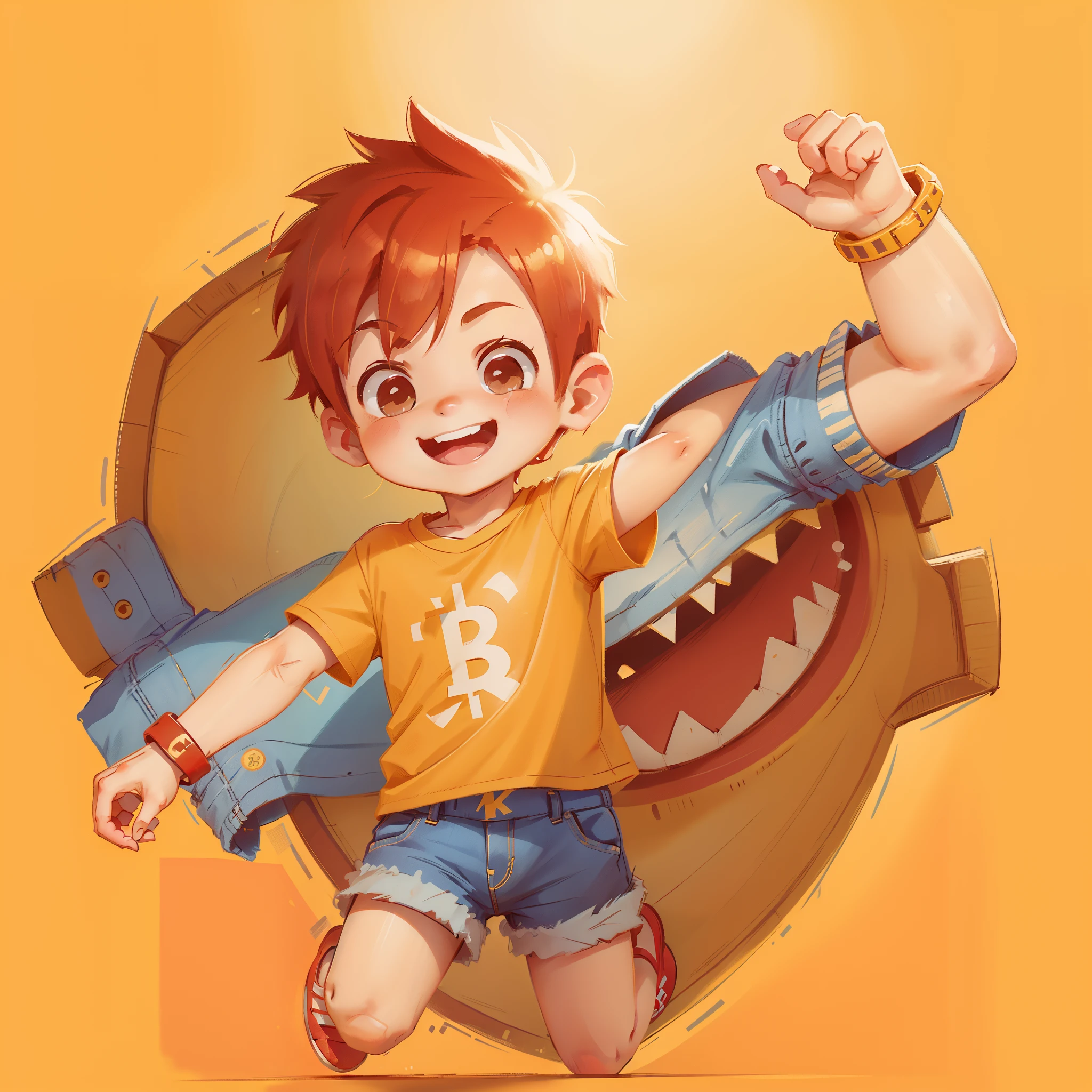 Cute little boy, 8 years old, short red hair, yellow T-shirt, (bitcoin logo on t-shirt),denim shorts, red shoes, smiling, holding a bracelet
