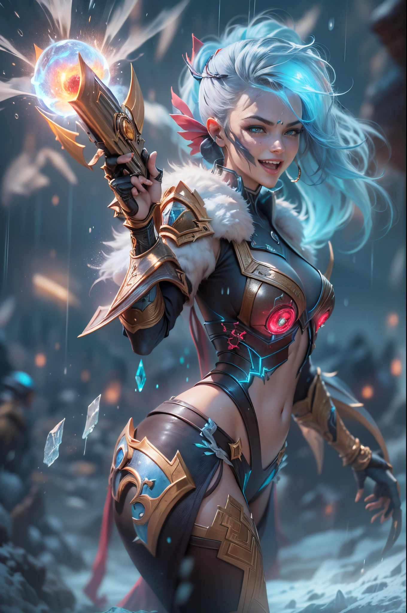 (Long shot: 1.5), jinx \(league of legends\), (1girl, League of Legends Jinx), (Scarlet eyes, crazy laughter, Blue double ponytail hair: 1.5), kung fu, ((Wearing gold futuristic sci-fi titanium alloy armor: 1.5, head to toe, crystal high heels, standing)), (holding particle laser cannon, revolver in hand), arcane crystal, attack status, (snowy mountains and woods, surrounded by rain, League of Legends game world), Illustration style, full body exposed to the rain for a long time, (exquisite facial features, perfect hand features), martial arts style, (selective focus, full body shot, masterpiece, super detailed, epic work, highest quality, 8k, panorama, first-person view, atmospheric perspective, UHD, masterpiece, ccurate, anatomically correct, textured skin, high details, award winning, best quality), Game character