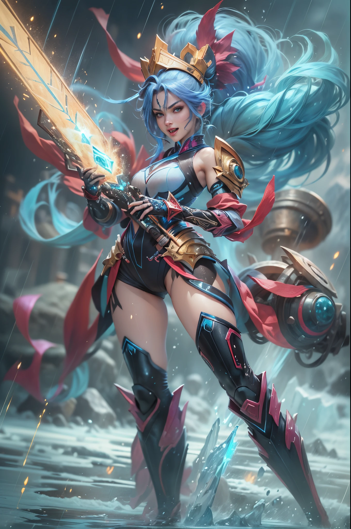 (Long shot: 1.5), jinx \(league of legends\), (1girl, League of Legends Jinx), (Scarlet eyes, crazy laughter, Blue double ponytail hair: 1.5), kung fu, ((Wearing gold futuristic sci-fi titanium alloy armor: 1.5, head to toe, crystal high heels, standing)), (holding particle laser cannon, revolver in hand), arcane crystal, attack status, (snowy mountains and woods, surrounded by rain, League of Legends game world), Illustration style, full body exposed to the rain for a long time, (exquisite facial features, perfect hand features), martial arts style, (selective focus, full body shot, masterpiece, super detailed, epic work, highest quality, 8k, panorama, first-person view, atmospheric perspective, UHD, masterpiece, ccurate, anatomically correct, textured skin, high details, award winning, best quality), Game character
