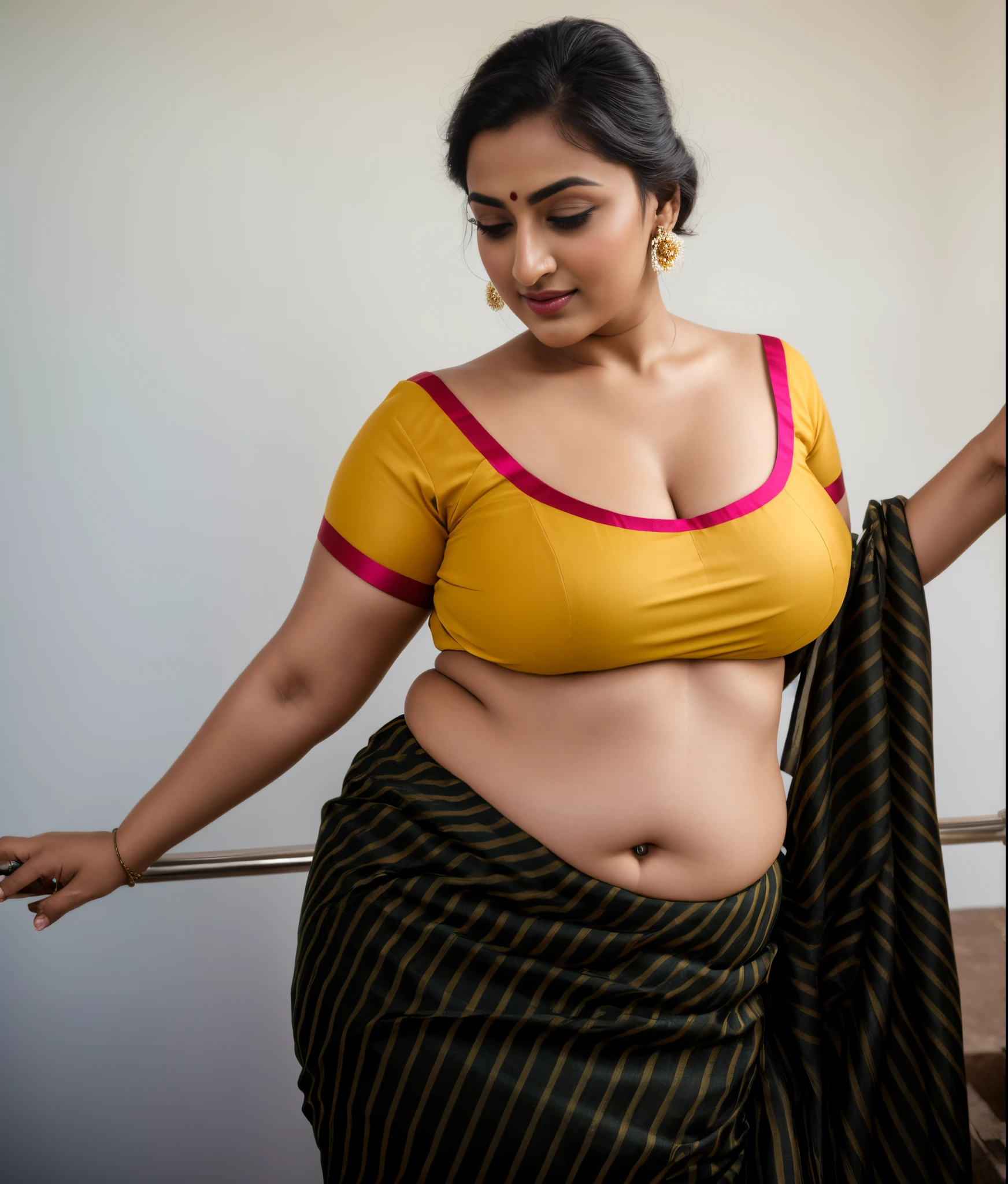 Foto RAW, photorealistic, photography, full body shot, master shot, goddess like beauty, perfect thick chubby mallu Desi aunty bhabhi, Wearing a Stanapatta, a chest-band.Saree model, model Photography, Indian saree shoot, Indian traditional wear advertising photography, traditional wear brand shoot, face of Indian actress Sonakshi Sinha, masterpiece, realistic, realism, incredible details, sensual pleasure, photorealism, detailed skin, skin pores, high contrast, photorealistic Artstation 8k HD digital art trend of high definition and detailed realistic skin texture, ultra detail, realistic skin texture, armature, best quality, ultra high definition, (photorealistic:1.4),, high resolution, detail, raw photo, Re sharp, by Lee Jefferies Nikon D850 Film Stock Photo 4 Kodak Portra 400 Camera F1.6 Lens Rich Color Ultra Real Realistic Realistic Textures Dramatic Lighting Unreal Engine Trending at Art Station Cinestill 800,(pele altamente detalhada: 1.2), 8k UHD, DSLR, soft-lighting, alta qualidade, grain of film, Fujifilm XT3,she didn't like to wear blouse or bra, she is happy to wear only saree, she hates blouse or bra,