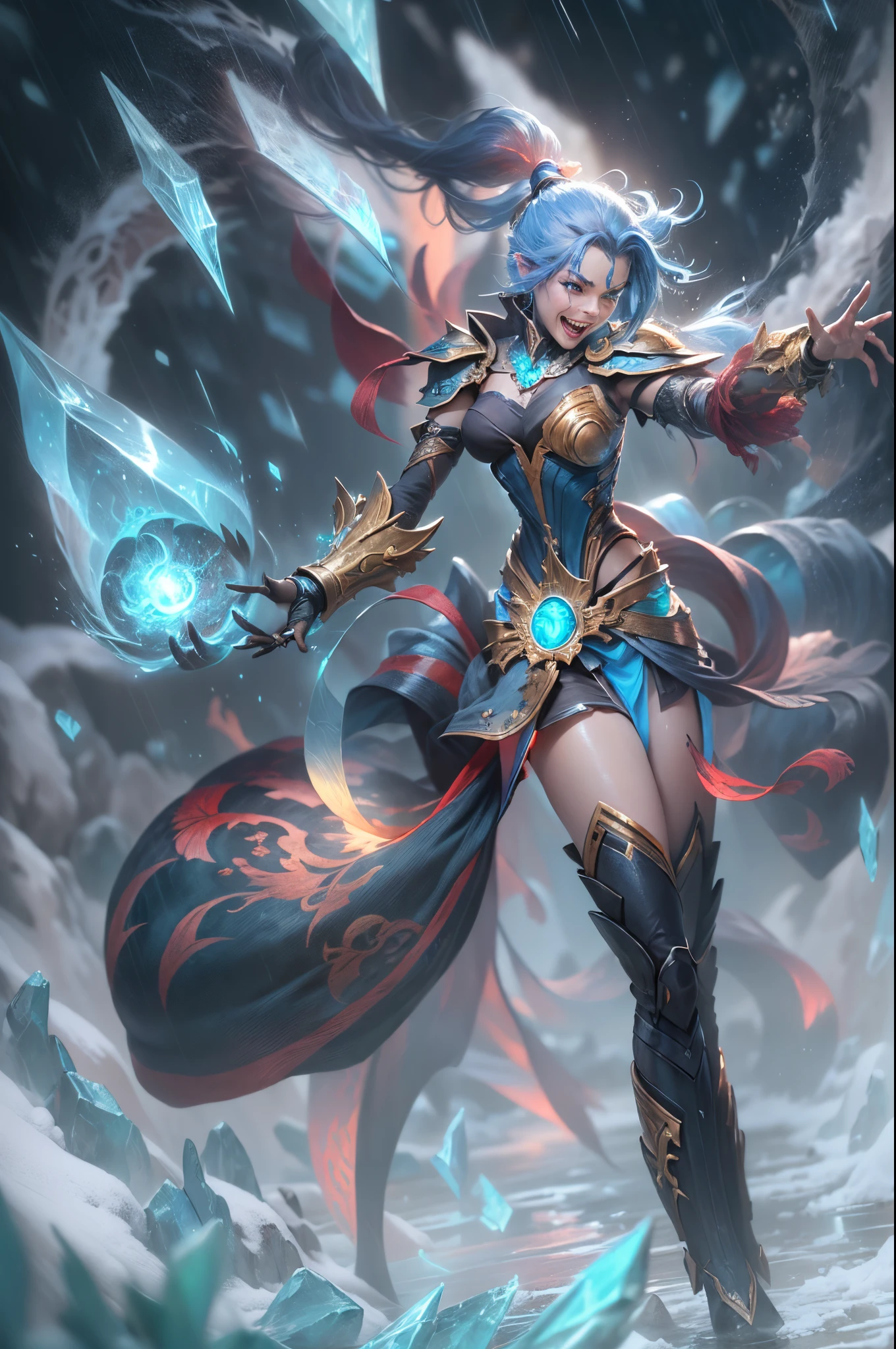 (Long shot: 1.5), jinx \(league of legends\), (1girl, League of Legends Jinx), (Scarlet eyes, crazy laughter, Blue double ponytail hair: 1.5), kung fu, ((Wearing gold futuristic sci-fi titanium alloy armor: 1.5, head to toe, crystal high heels, standing)), (holding particle laser cannon, revolver in hand), arcane crystal, attack status, (snowy mountains and woods, surrounded by rain, League of Legends game world), Illustration style, full body exposed to the rain for a long time, (exquisite facial features, perfect hand features), martial arts style, (selective focus, full body shot, masterpiece, super detailed, epic work, highest quality, 8k, panorama, first-person view, atmospheric perspective, UHD, masterpiece, ccurate, anatomically correct, textured skin, high details, award winning, best quality), Game character