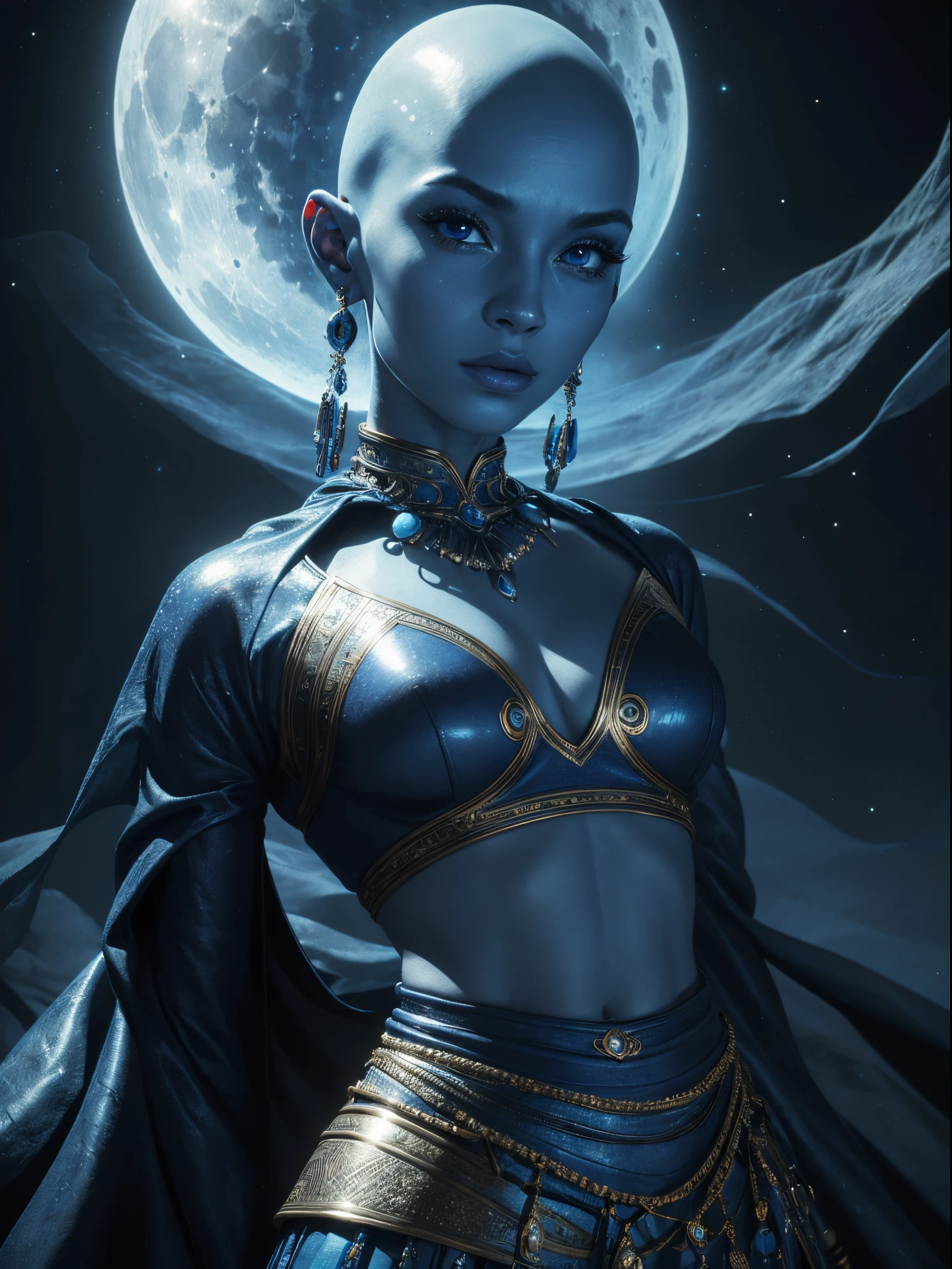 (best quality,4k,8k,highres,masterpiece:1.2),ultra-detailed,(realistic,photorealistic,photo-realistic:1.37),alien woman,blue skin,bald head,jewels,tribal skirt,cropped leather top,blue,starry background,vibrant colors,piercing blue eyes,strong facial features,luminous skin texture,regal posture,ethereal atmosphere,intense gaze,mysterious aura,dimly lit with moonlight