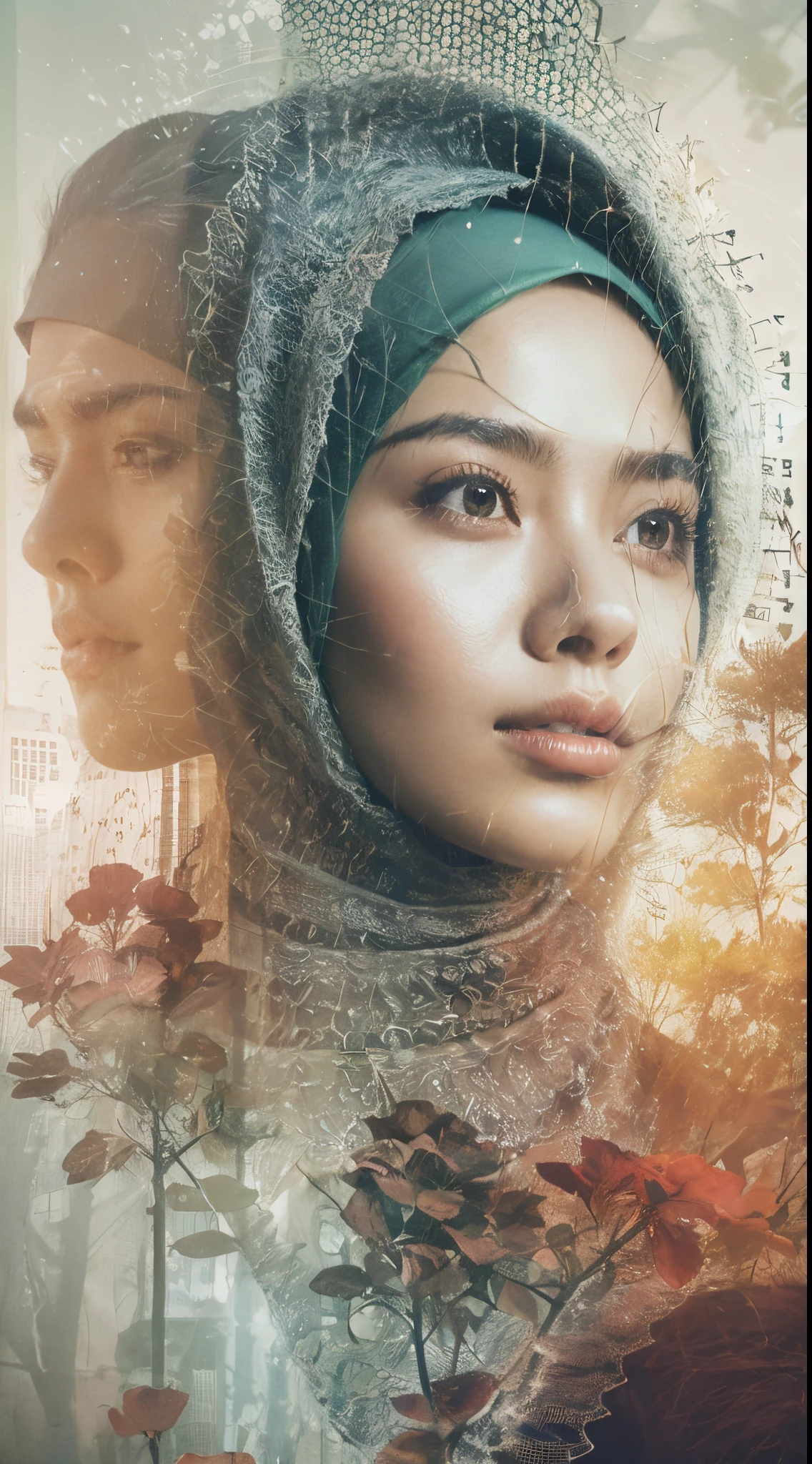 Combine a portrait of a Malay man and a malay girl in hijab with a serene natural landscape, creating a harmonious double exposure effect, double exposure drama poster style,