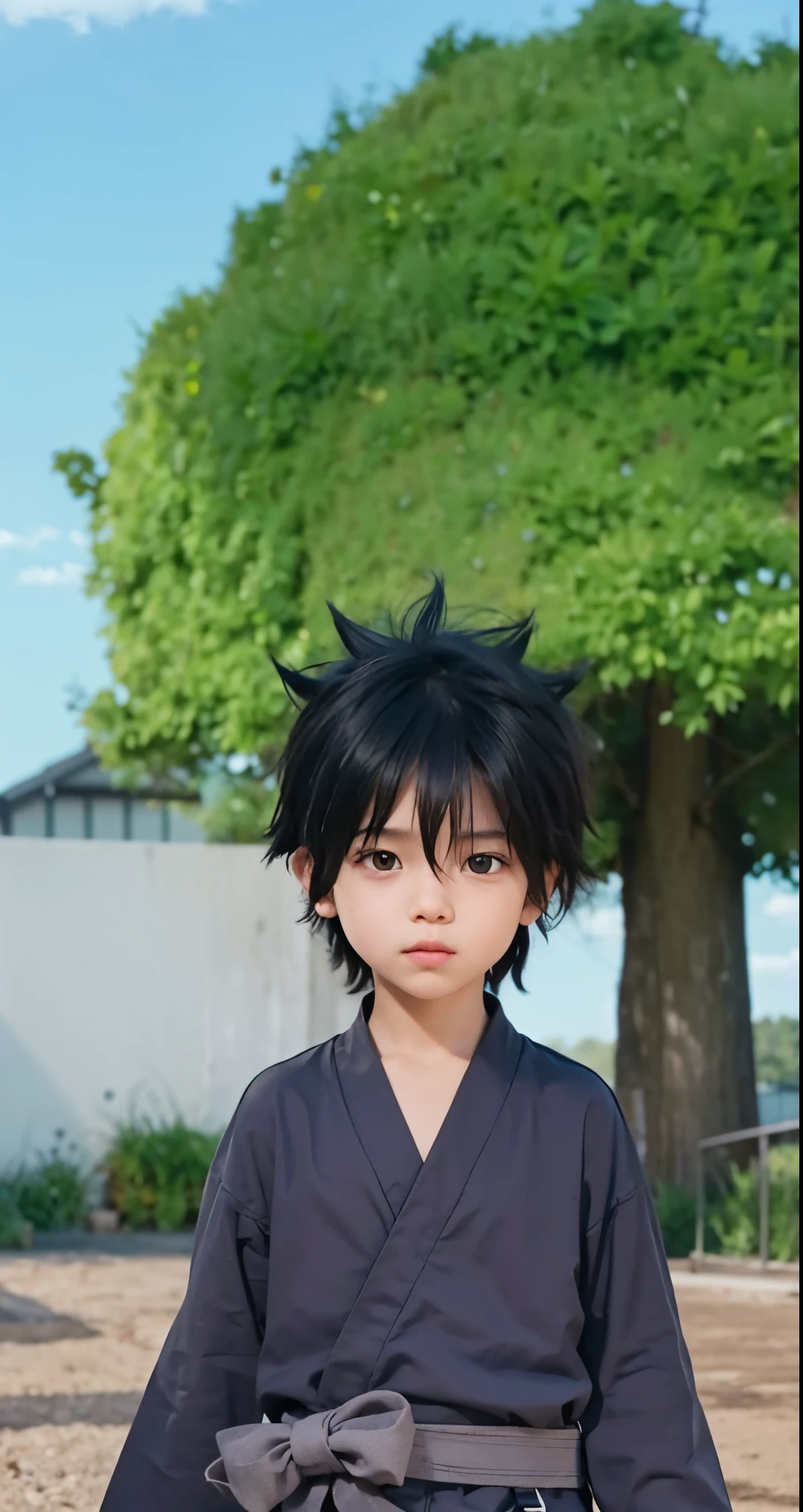 Real life adaption of this character ,The handsome face of a boy, realistic same black spiky hair ), realistic background , realistic light, realistic shadow, realism, hyper realistic,(photorealistic:1.2), cool expression
