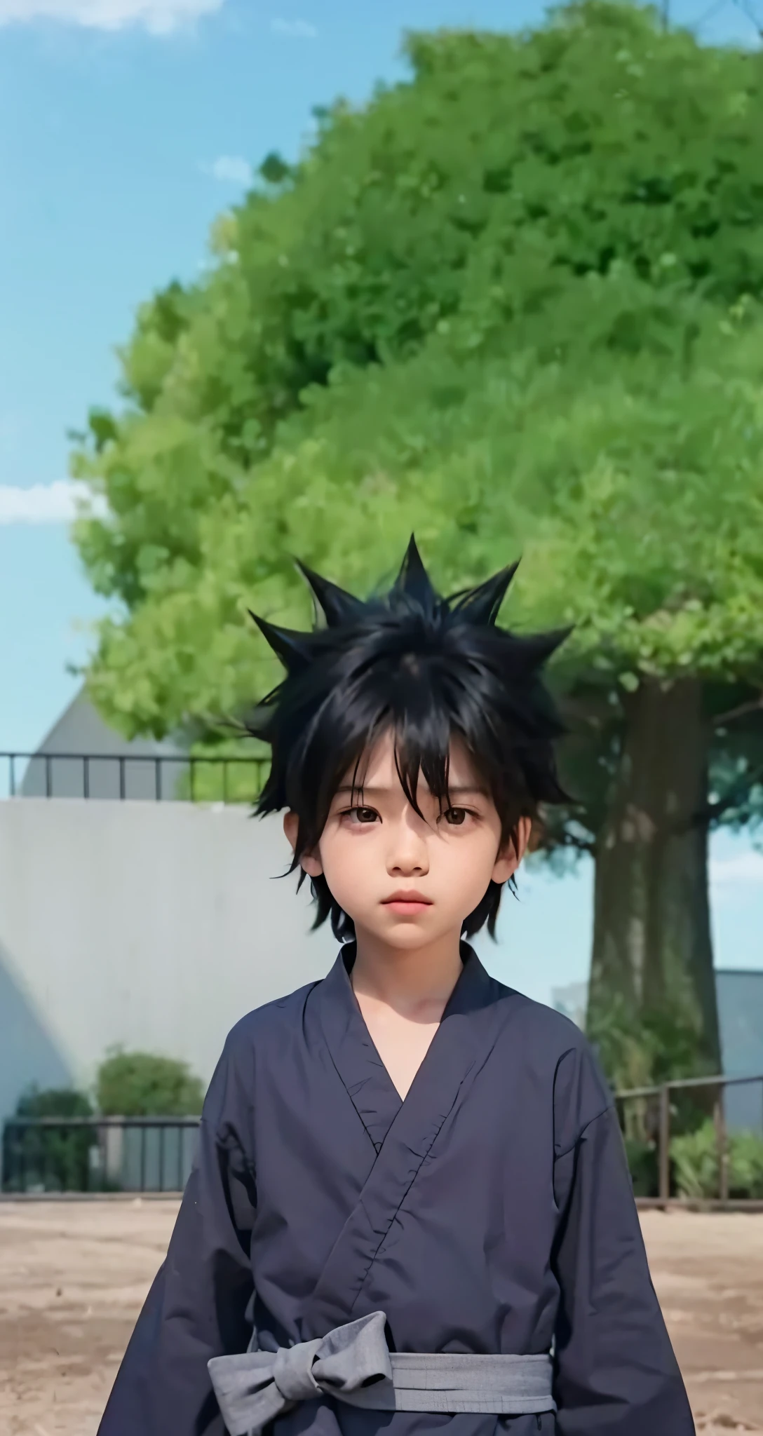 Real life adaption of this character ,The handsome face of a boy, realistic same black spiky hair ), realistic background , realistic light, realistic shadow, realism, hyper realistic,(photorealistic:1.2)