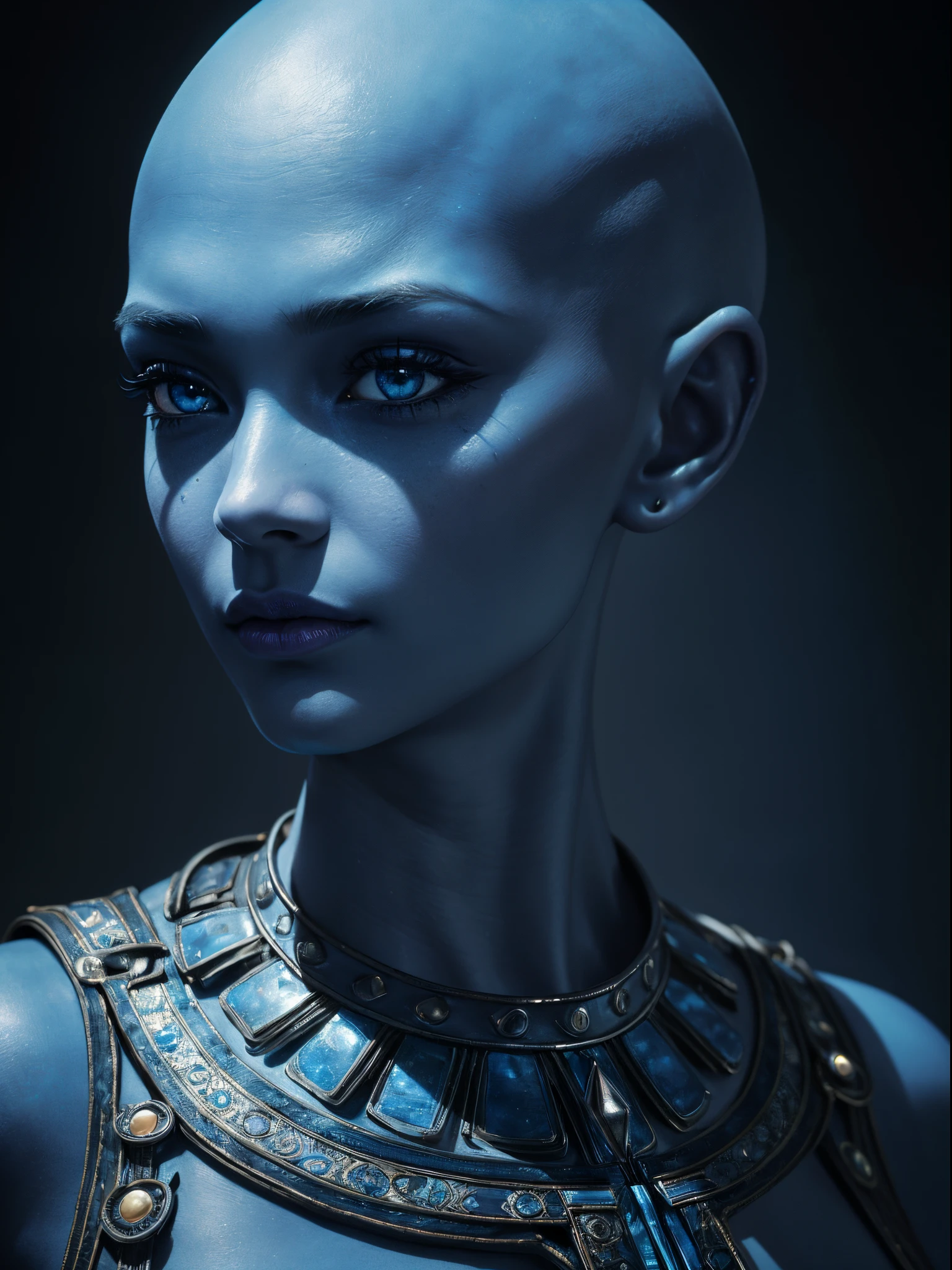(best quality,4k,8k,highres,masterpiece:1.2),ultra-detailed,(realistic,photorealistic,photo-realistic:1.37),alien woman,blue skin,bald head,jewels,tribal skirt,cropped leather top,blue,starry background,vibrant colors,piercing blue eyes,strong facial features,luminous skin texture,regal posture,ethereal atmosphere,intense gaze,mysterious aura,dimly lit with moonlight
