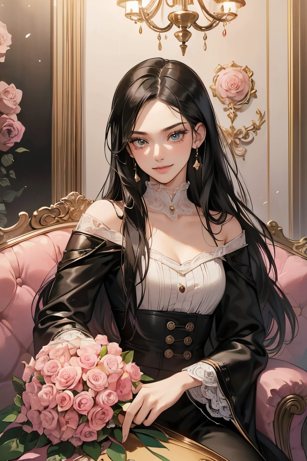 (masutepiece, Digital Art, Digital Illustration, 4K, 8K, Ultra-detailed, beautiful image, Sharp Image, Photorealistic, Raw photo, Perfect face, Perfect lines, Perfect eyes, Soft lighting) 1 woman, (Long Black Hair,straight haired,Bullish gaze,Beautie,ellegance,Mode system,Onepiece,Solid makeup,23 y-o woman,small tits:1.3),Two handsome men in suits, (ember,Men in suits,well-muscled,Firm shoulder width,Adult male,Boyish hairstyle,English gentlemanly style,Man in his 30s with a cool expression,28-year-old man with bright smile:1.2),Antique furnishings,Antique Clamps,Antique chair,chandeliers,Crystal Glass,Luxury,fantastical light,Marble fireplace,(embarrassed from,Shy smile,Bouquet of pink roses:1.2),Antique sofa,Leather sofa,Crying face,Crying in frustration,Beautiful tears