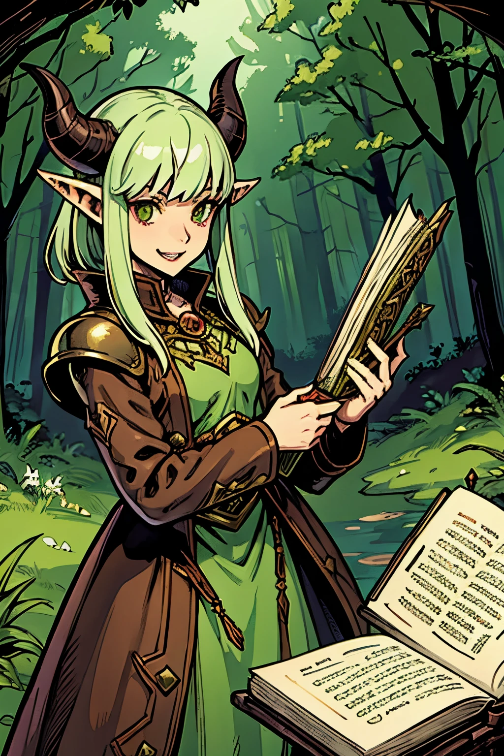 goblin,woman, small, white fangs, devil hornes, lether armor, spell book in right hand, dagger in left hand, forest background, green skincolour