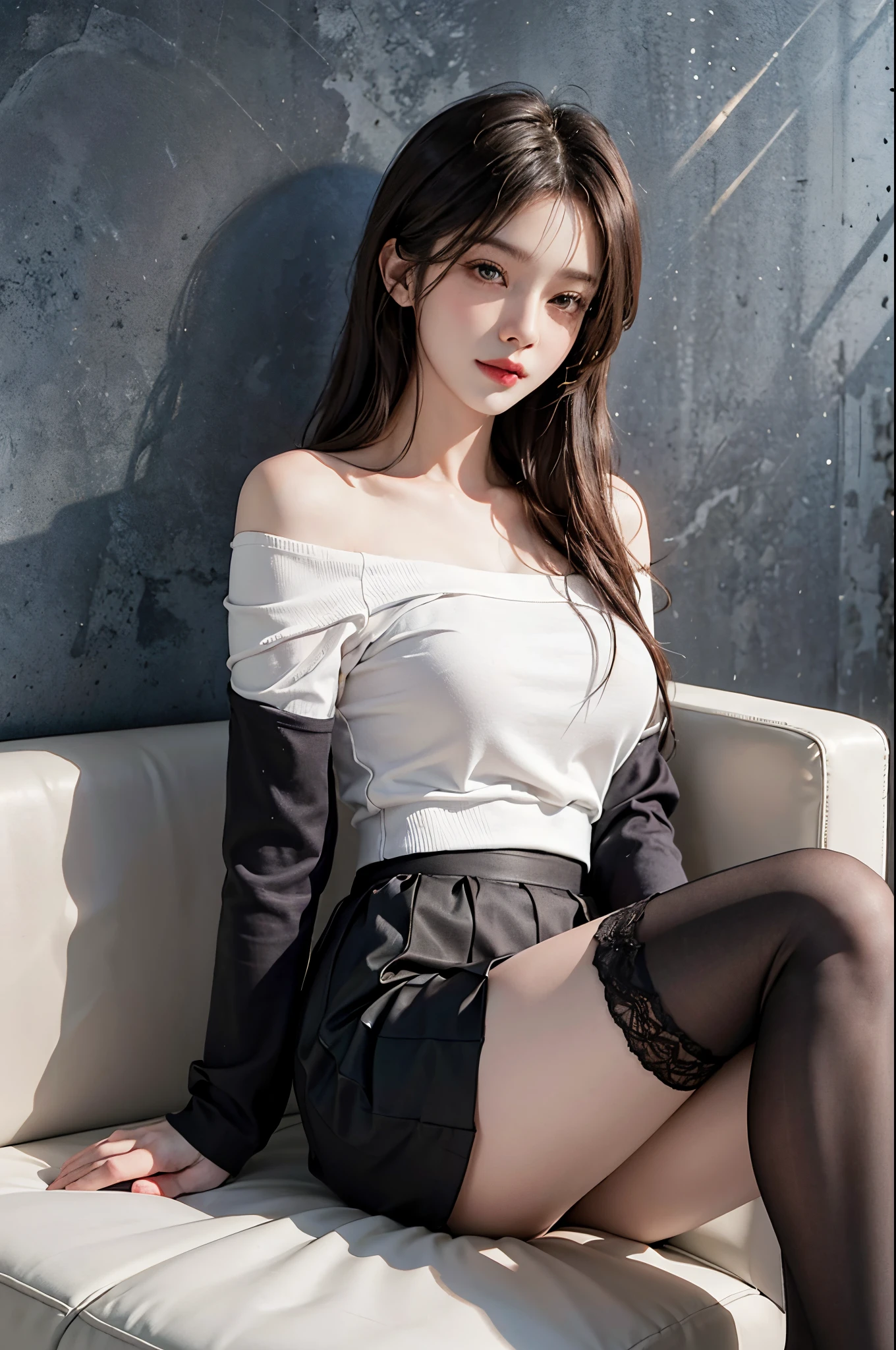 ((realistic)), 20-year-old sexy model, one shoulder off shoulder shirt, black short skirt, black lence stockings, ((full body)), Sit Pose, sitting in the couch, Cross ed leg, best qualtiy, 超高分辨率, lighting perfect, ssmile, Close up