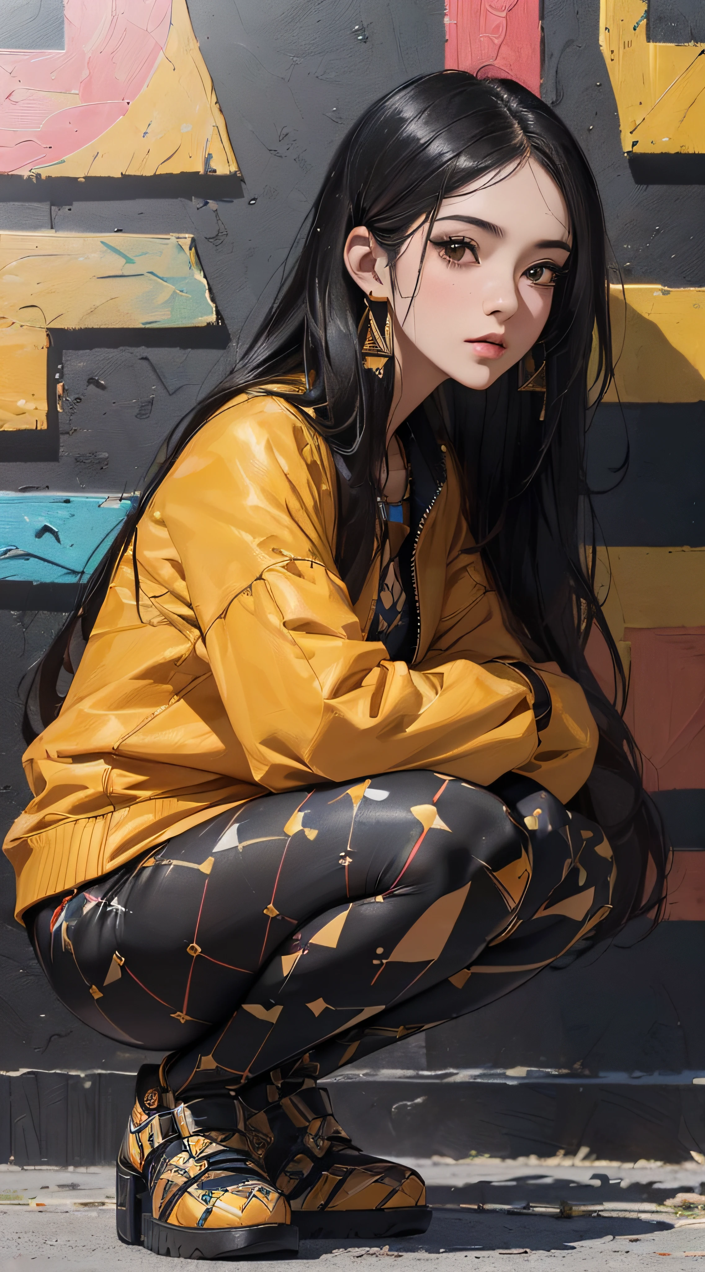 (((8k wallpaper of extremely detailed CG unit:1.2, masterpiece, hight resolution:1.2, top-quality:1.2, masutepiece))), ((a very beautiful woman, Hands in pockets:1.8, Grunge Fashion:1.2, Wearing a blouson:1.2, Wearing leggings, Wearing shoes, Squatting)), ((extra detailed face, Highly detailed black eyes, extra detailed body, Top quality real texture skins)), (A dark-haired, length hair, de pele branca, Small), ((colorful geometric pattern wall, Colorful wall)), (high-angle:1.2, a closeup), hyper realisitic, digitial painting,