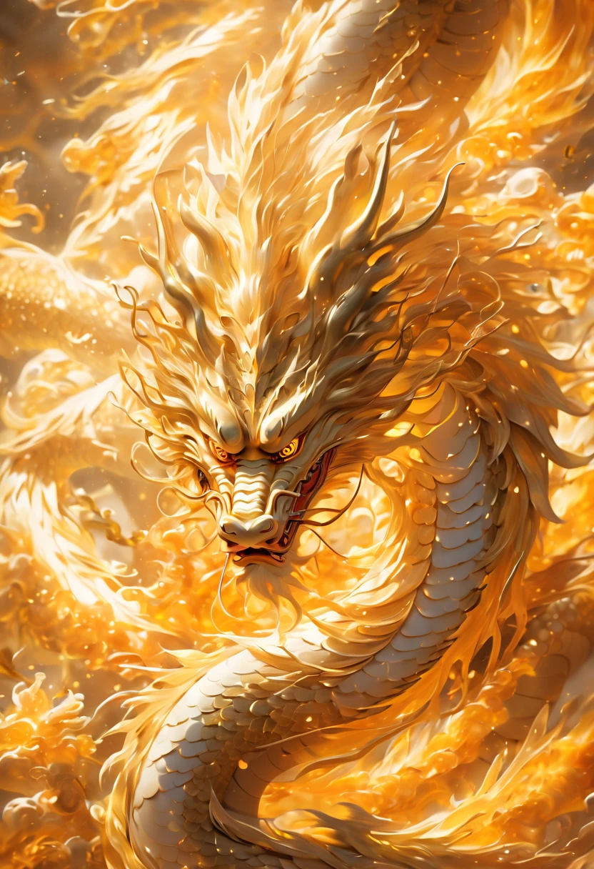 An asian chinese dragon flying above a building, in the style of light gold and light amber, dimensional multilayering, hyper-realistic, dark orange and bright white, swirling vortexes, cryptidcore, dark and intricate