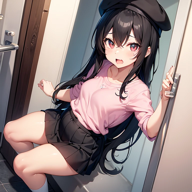 The woman has long black hair down to her waist, wears a cute pink hat, wears pink casual clothes and wears a fairly small skirt with white socks covering her legs up to her thighs, her expression looks like she is panicking and screaming, She is in the bathroom. Pregnant with an egg and the uterus produces white fluid and falls on the floor. and there are blackish green eggs around it