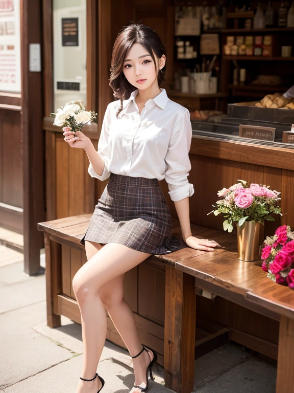 Asian cute woman model, innocent cute face, Lace, High heels wearing white shirt brown and white plaid school girl outfit skirt, highly detailed  (((perfectly dainty small five fingers on each hand))), 2 hands, 2 legs, stylized hair, natural appearance, stylized pose, she is mesmerizing beautiful captivating sitting on a detailed perfect wooden chair in front of a small market booth filled with beautiful flowers, she holds a rose stem in one hand, rose petals up to her lips, flower arrangements, detailed gift tin boxes vintage design, realistic, best quality, romantic scene,