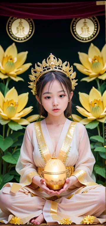 1girl in、top-quality、​masterpiece、超A high resolution、(Photorealsitic:1.4)、Raw photo、Deities々Goddess Sibit、（Face of 15 year old beautiful girl）、Straight long hair、glowy skin、Dramatic、（Golden See-Through Competition Swimwear）、（Golden transparent fluttering robe）、（Golden Buddha Statue）、（Golden Guanyin Bodhisattva Statue）、（（Golden Very Small Tiara））、（Pray）（Standing whole body）、（（delicate finger、Delicate hand））、（delicate paws）、（large full breasts、Clean raised bust）、（Rocket Tits）、（（Golden garter stockings））、（（Golden Ancient Greek Temple））（Golden wall decorated with gold）、（Blur the background）、（One boob is visible、large areola is visible、 to stand）、（Woman Praying）、（Pray with Your Hands Together）、Full body、standingn、Pray with Your Hands Together、delicated face、Delicate hand、delicate paws、Anatomy Body、goddes、