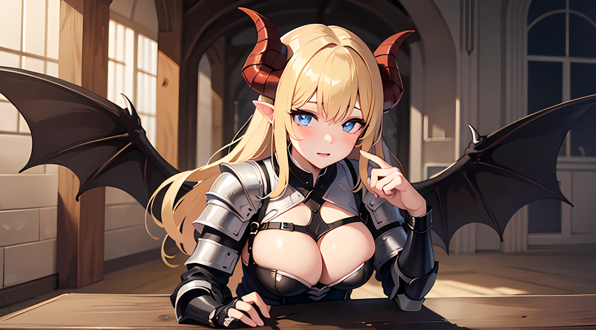 (1 girl with demon horns and bat wings, wearing medieval era armored knight uniform) a close up waifu doing a pose in castle, big breast, armored knight dress, breast plate, blonde hair, (full body:0.6), blushed face, pixiv contest winner, best anime artstyle, extremely detailed eyes, beautiful eyes finely detailed, face to detail, onee-san vibes, 4k illustration