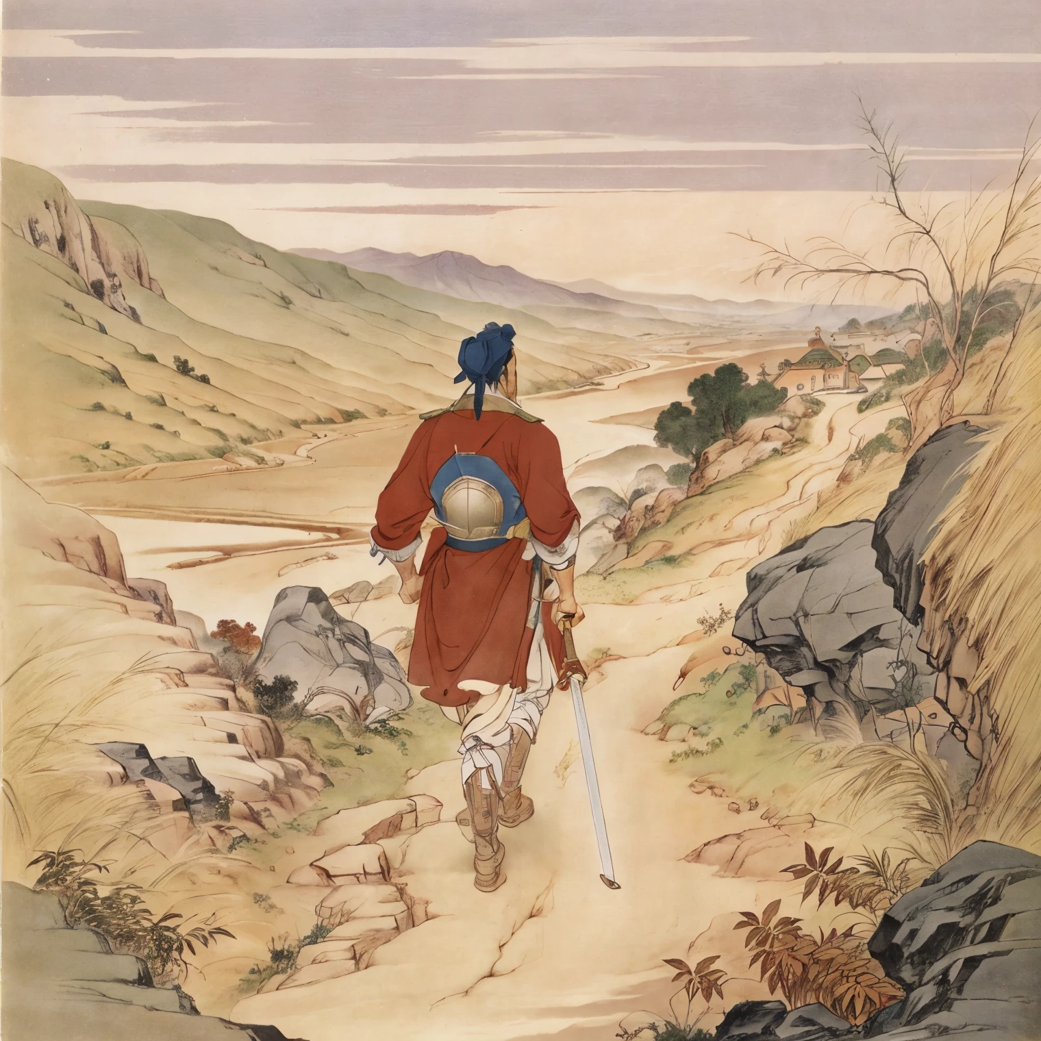 A man, about 35 years old, a hero, wearing a knight's uniform,carrying a sword on his back,walking on a mountain road,a valley in front