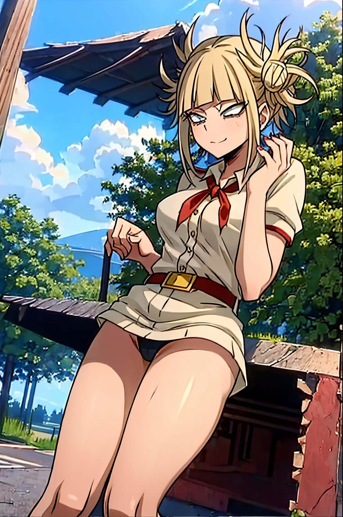 Himiko Toga from My hero Academia, upskirt, sexy and beautiful girl, in full height, soviet surroundings, style of the USSR, pioneer counselor clothing