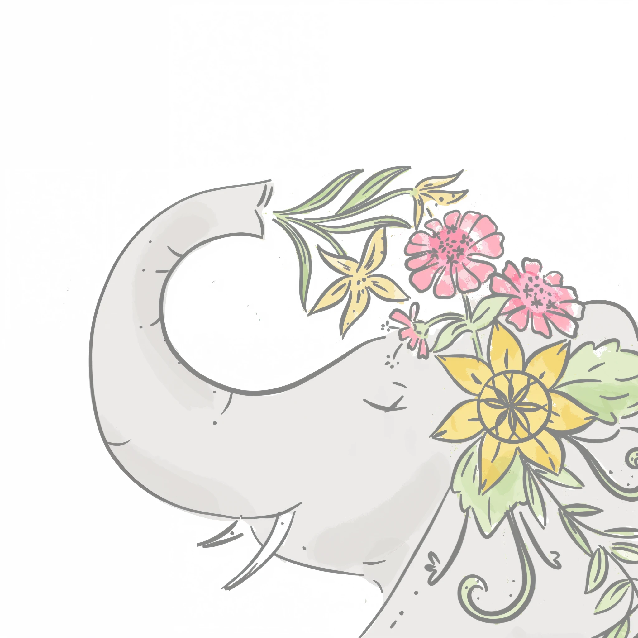 there is an elephant with flowers on its back, colored elephant art, half elephant, elephant, cute elephant, an elephant, an elephant wearing a tutu, focus on the elephant, elephant in the room, made of flowers, by Whitney Sherman, made of flowers and leaves, with colored flowers, elephants, mammoth, by Sydney Carline, by Maki Haku