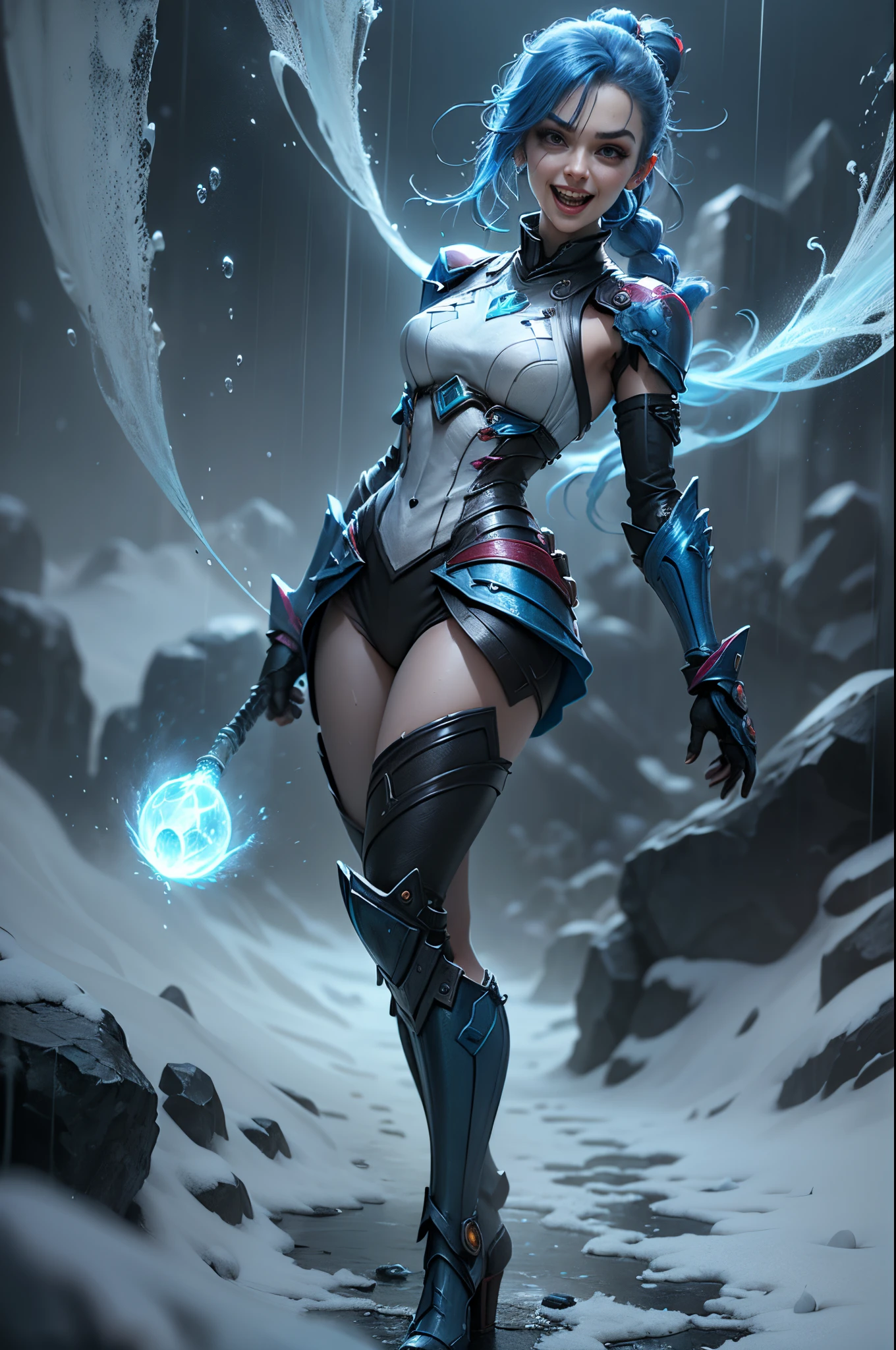 (Long-range shooting: 1.5), jinx \(league of legends\), (1girl，League of Legends Jinx)，(Scarlet eyes, crazy laughter, Blue double ponytail hair: 1.5)，Kungfu，((Wearing a white futuristic sci-fi plastic mecha: 1.5，head to toe，Crystal heels，standing on your feet))，(Holding a particle laser cannon in hand，a revolver)，Aoshu crystal, Attack status，(Snowy mountain woods，surrounded by rain，League of Legends Game World)，Illustration style，The whole body is exposed to the rain for a long time，(exquisite facial features，Perfect hand features)，martial arts style，(Selective focusing，full body shot of，tmasterpiece，ultra - detailed，Epic work，highest  quality，8k，panorama, first-person view, atmospheric perspective, UHD, masterpiece, ccurate, anatomically correct, textured skin, high details, award winning, best quality)