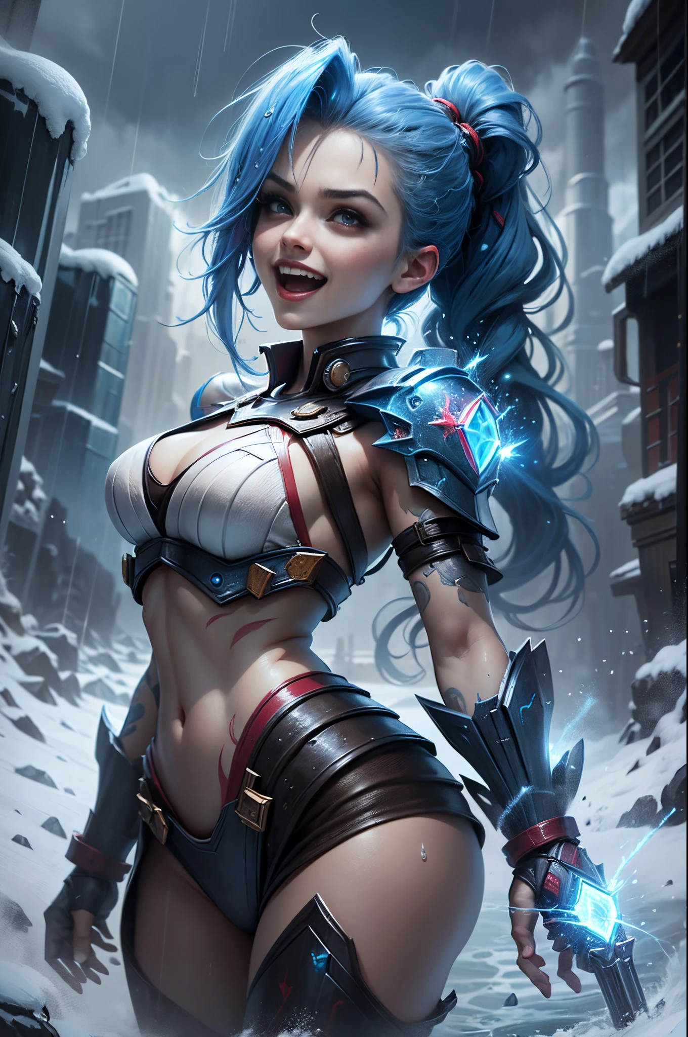 (Long-range shooting: 1.5), jinx \(league of legends\), (1girl，League of Legends Jinx)，(Scarlet eyes, crazy laughter, Blue double ponytail hair: 1.5)，Kungfu，((Wearing a white futuristic sci-fi plastic mecha: 1.5，head to toe，Crystal heels，standing on your feet))，(Holding a particle laser cannon in hand，a revolver)，Aoshu crystal, Attack status，(Snowy mountain woods，surrounded by rain，League of Legends Game World)，Illustration style，The whole body is exposed to the rain for a long time，(exquisite facial features，Perfect hand features)，martial arts style，(Selective focusing，full body shot of，tmasterpiece，ultra - detailed，Epic work，highest  quality，8k，panorama, first-person view, atmospheric perspective, UHD, masterpiece, ccurate, anatomically correct, textured skin, high details, award winning, best quality)