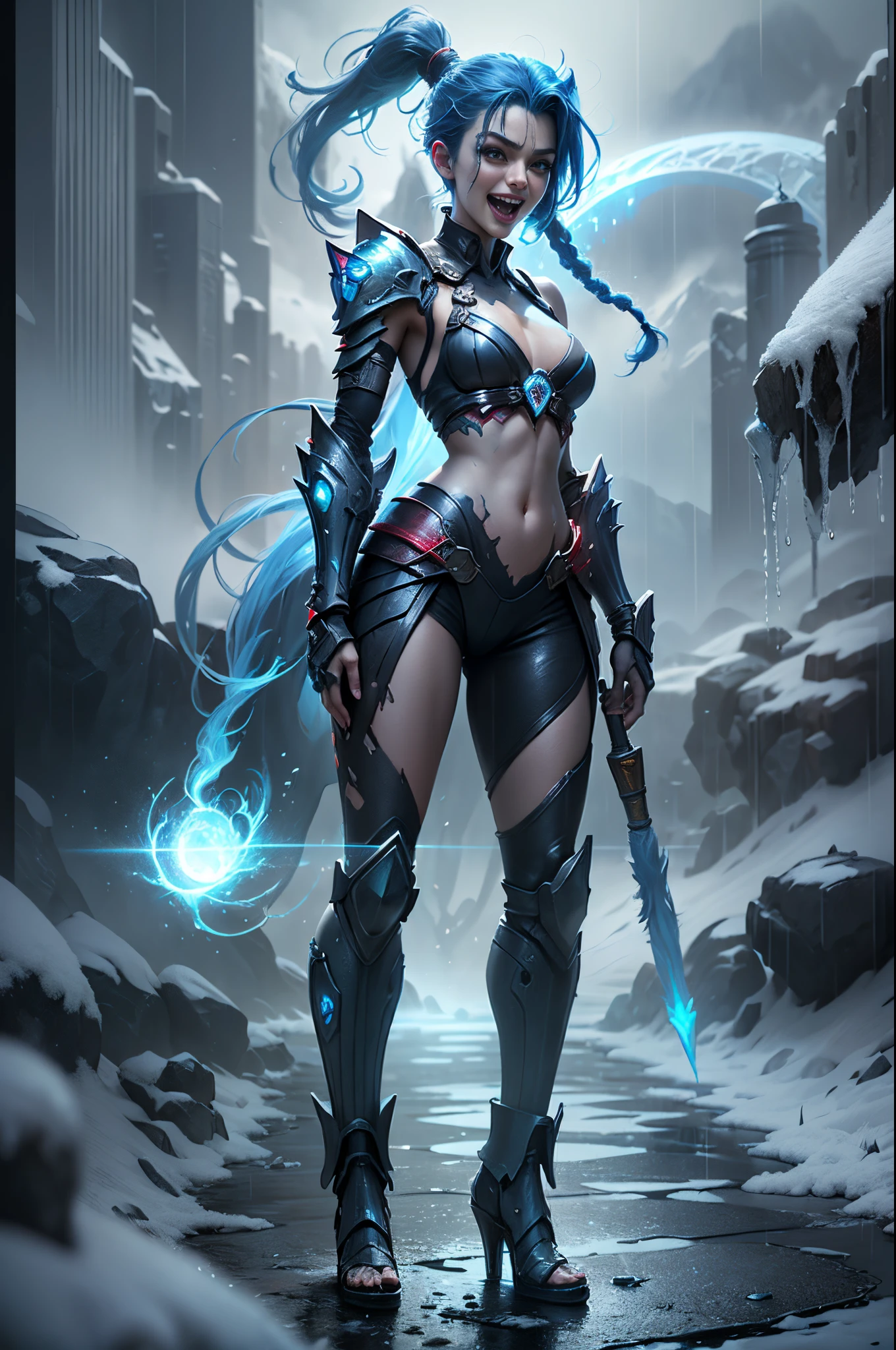 (Long-range shooting: 1.5), jinx \(league of legends\), (1girl,League of Legends Jinx),(Scarlet eyes, crazy laughter, Blue double ponytail hair: 1.5),Kungfu,((Wearing a white futuristic sci-fi plastic mecha: 1.5,head to toe,Crystal heels,standing on your feet)),(Holding a particle laser cannon in hand,a revolver),Aoshu crystal, Attack status,(Snowy mountain woods,surrounded by rain,League of Legends Game World),Illustration style,The whole body is exposed to the rain for a long time,(exquisite facial features,Perfect hand features),martial arts style,(Selective focusing,full body shot of,tmasterpiece,ultra - detailed,Epic work,highest quality,8k,panorama, first-person view, atmospheric perspective, UHD, masterpiece, ccurate, anatomically correct, textured skin, high details, award winning, best quality)